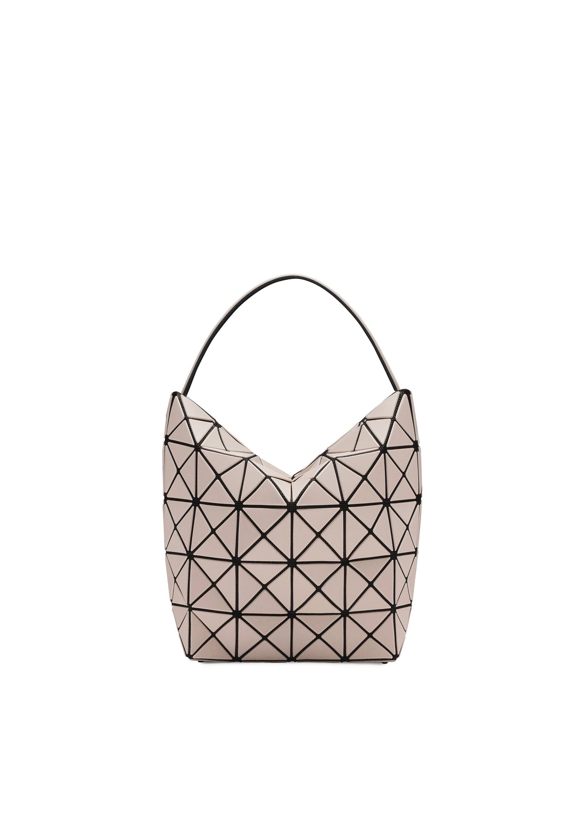 The VALLEY tote by BAO BAO ISSEY MIYAKE features a light beige surface with a black triangular grid, a single curved top handle, and a gusseted design that stands upright, emphasizing its modern geometric style against a white background. view 1 of 6