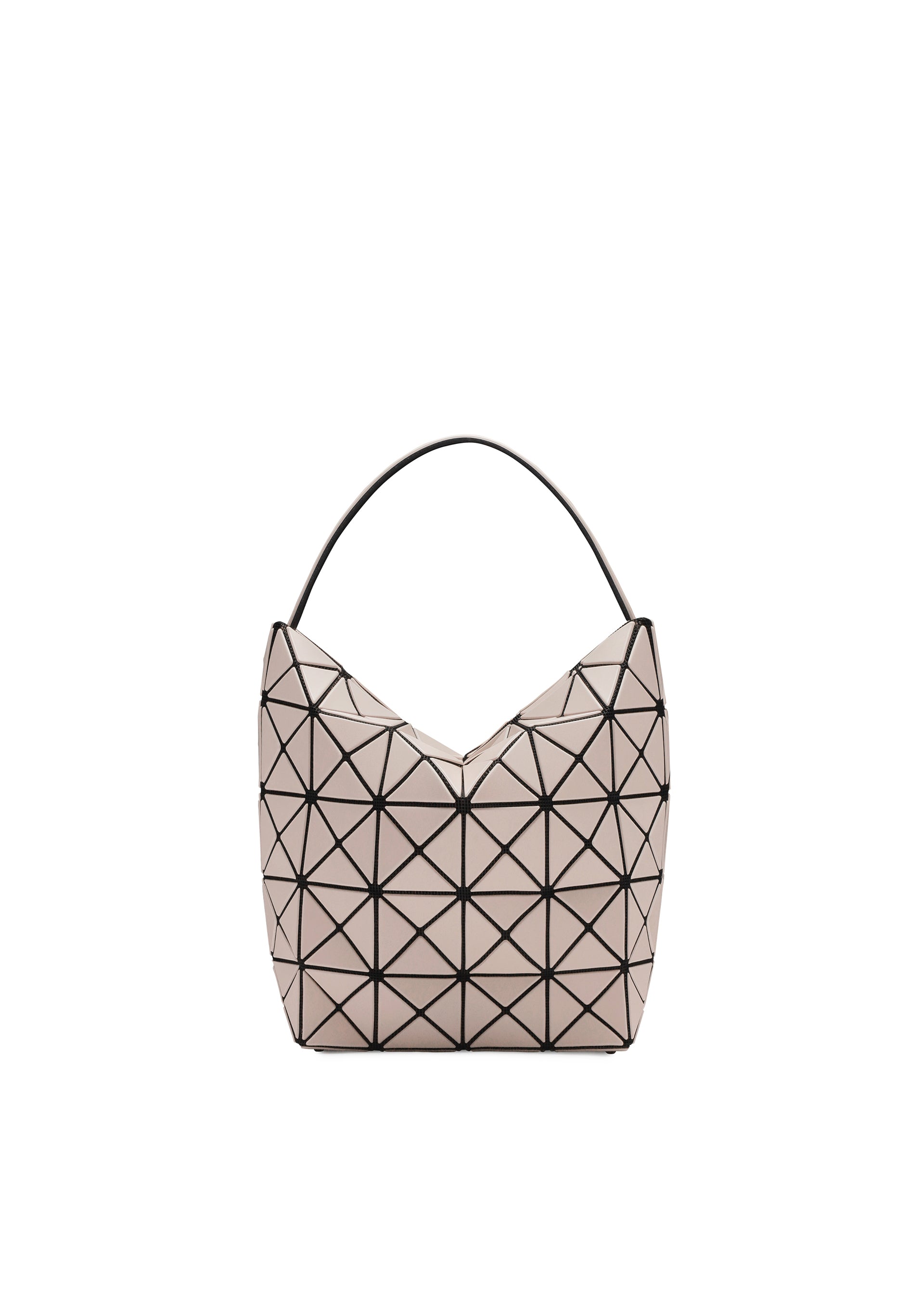 Zoomed view The VALLEY tote by BAO BAO ISSEY MIYAKE features a light beige surface with a black triangular grid, a single curved top handle, and a gusseted design that stands upright, emphasizing its modern geometric style against a white background. - BEIGE (no.41)