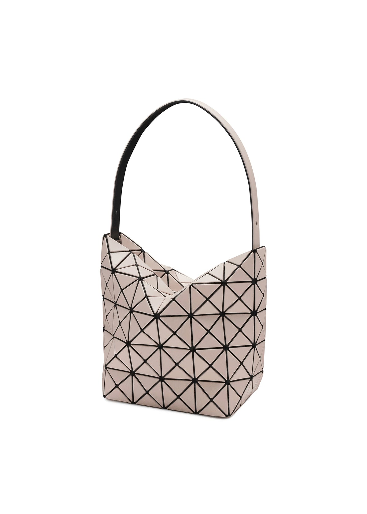 The VALLEY by BAO BAO ISSEY MIYAKE is a light pink, geometric handbag with black triangular lines, a thick single shoulder strap, and a structured gusseted design that stands upright for a modern, angular look. view 2 of 6