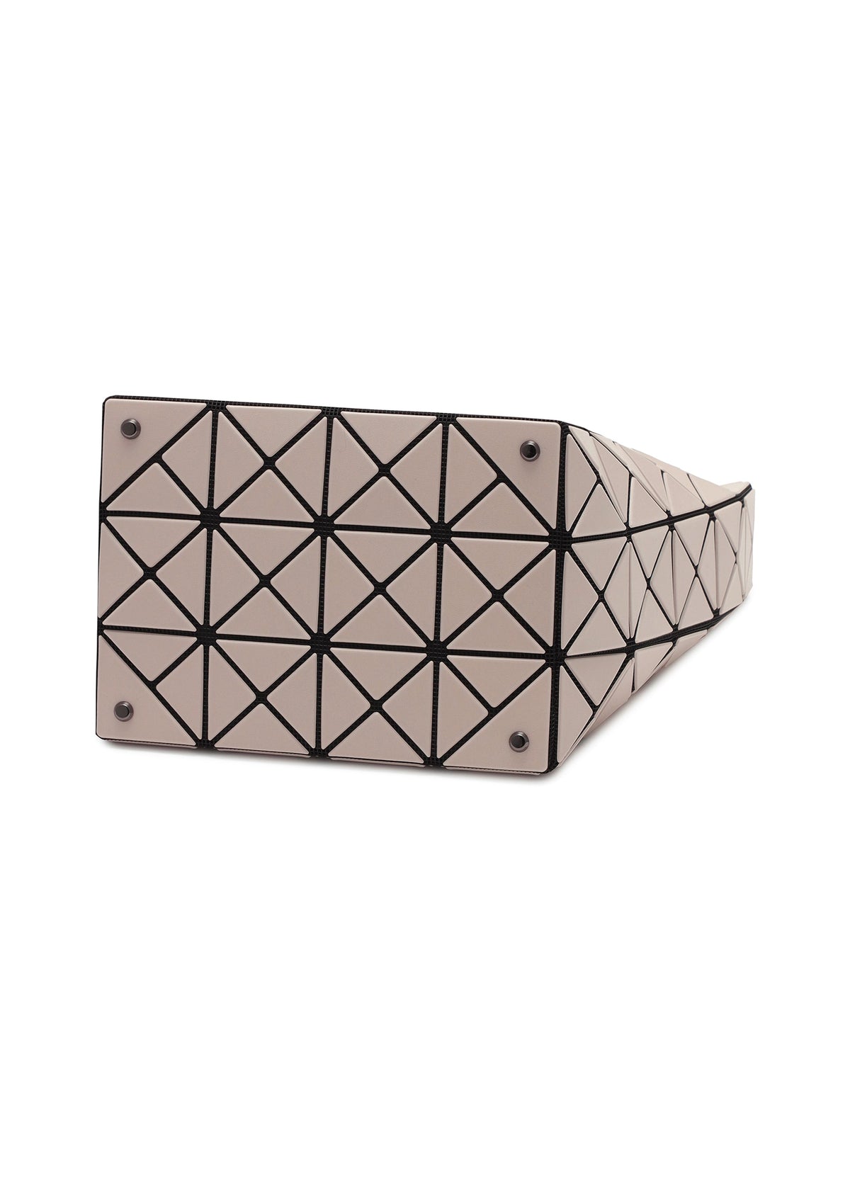 The VALLEY handbag by BAO BAO ISSEY MIYAKE in beige features a gusseted bottom with a black geometric grid of triangles and four metal studs at each corner for upright support. view 3 of 6