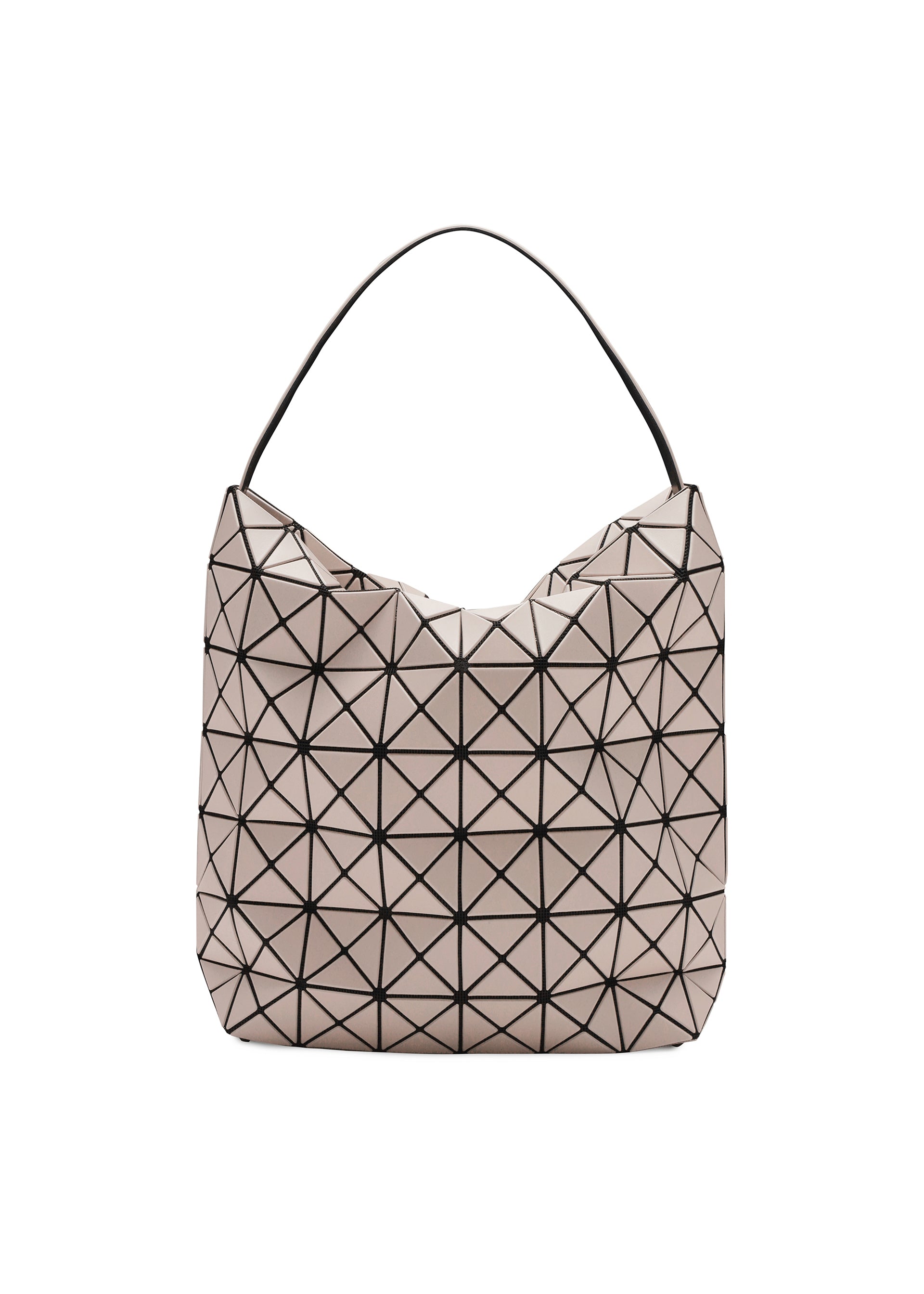 Zoomed view The VALLEY handbag by BAO BAO ISSEY MIYAKE features a beige geometric gusseted design with black triangle outlines in a grid, a single black shoulder strap, and a soft yet upright, flexible structure. - BEIGE (no.41)