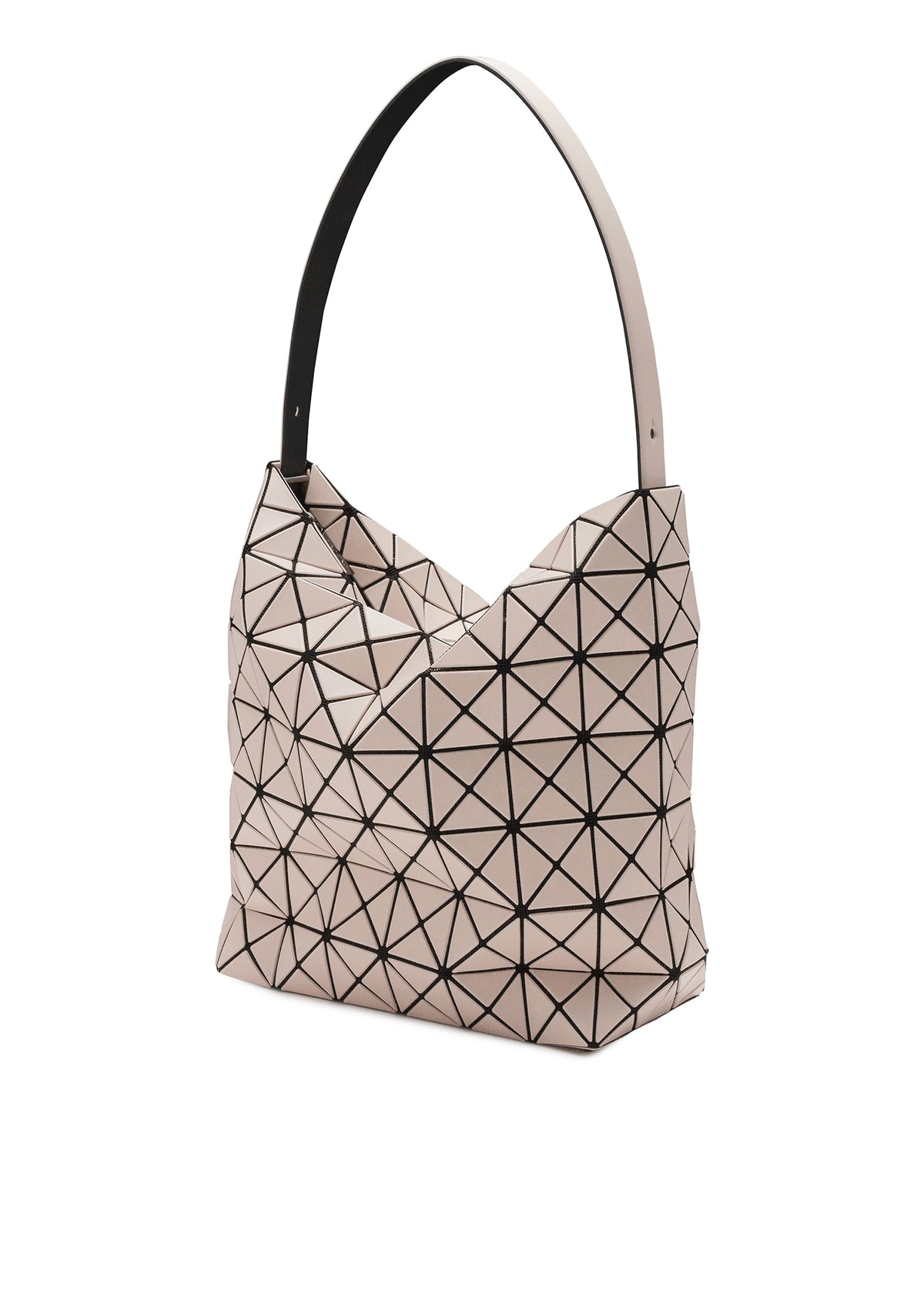 The VALLEY tote bag by BAO BAO ISSEY MIYAKE features a beige geometric design with a black triangular grid, angular folded edges, a sculptural gusseted shape, and a single wide handle for easy carrying. view 2 of 6