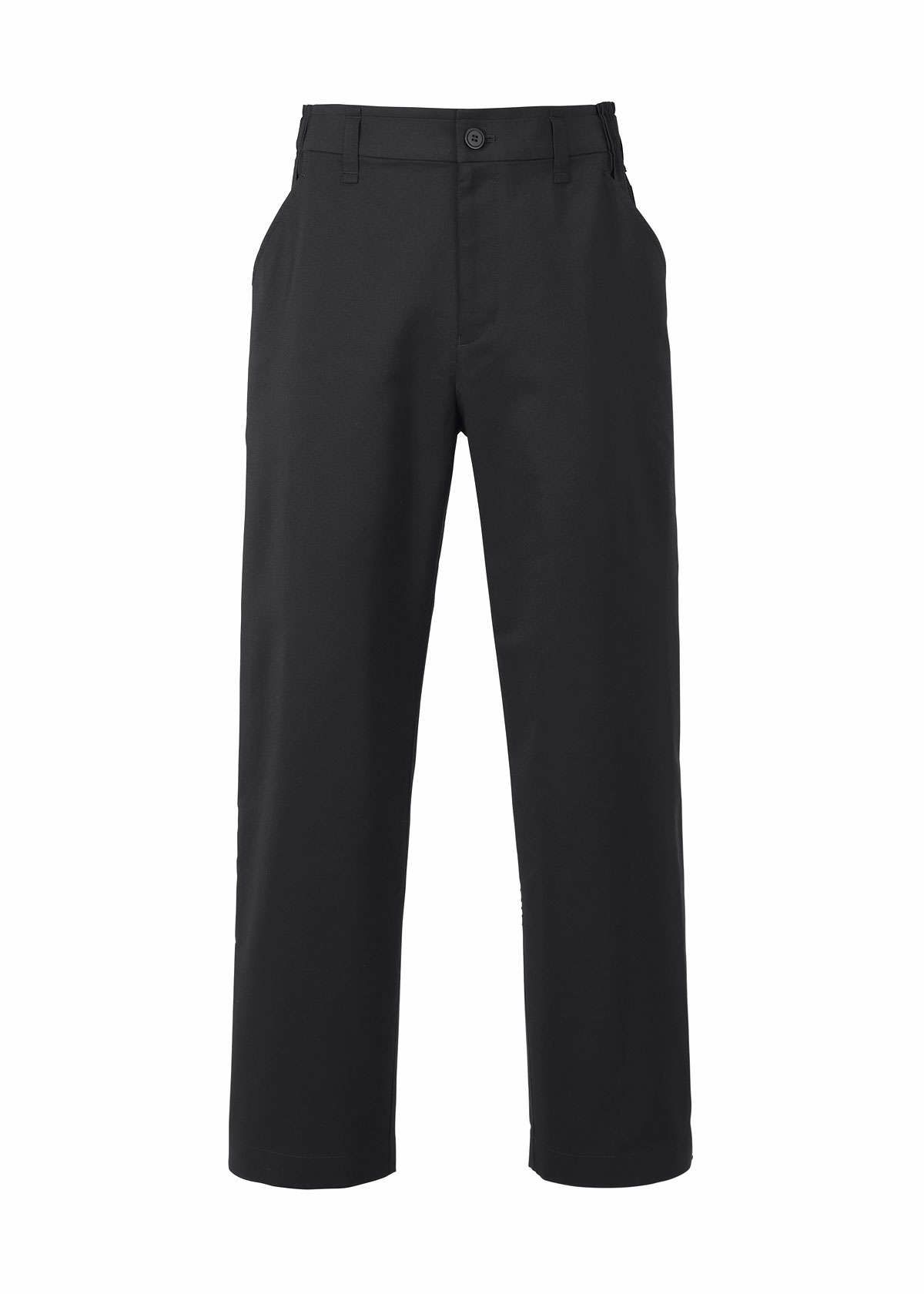 A pair of TYPE-S BASICS black straight-leg trousers by A-POC ABLE ISSEY MIYAKE, crafted from stretch material with side pockets, belt loops, and a button closure at the waist, displayed against a white background. view 1 of 9