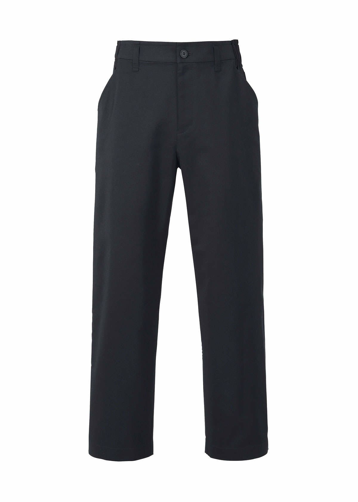 Zoomed view The TYPE-S BASICS trousers by A-POC ABLE ISSEY MIYAKE are black, straight-leg pants made from stretch material, featuring belt loops, a button closure, and side pockets, shown against a white background. - NAVY （no.75）