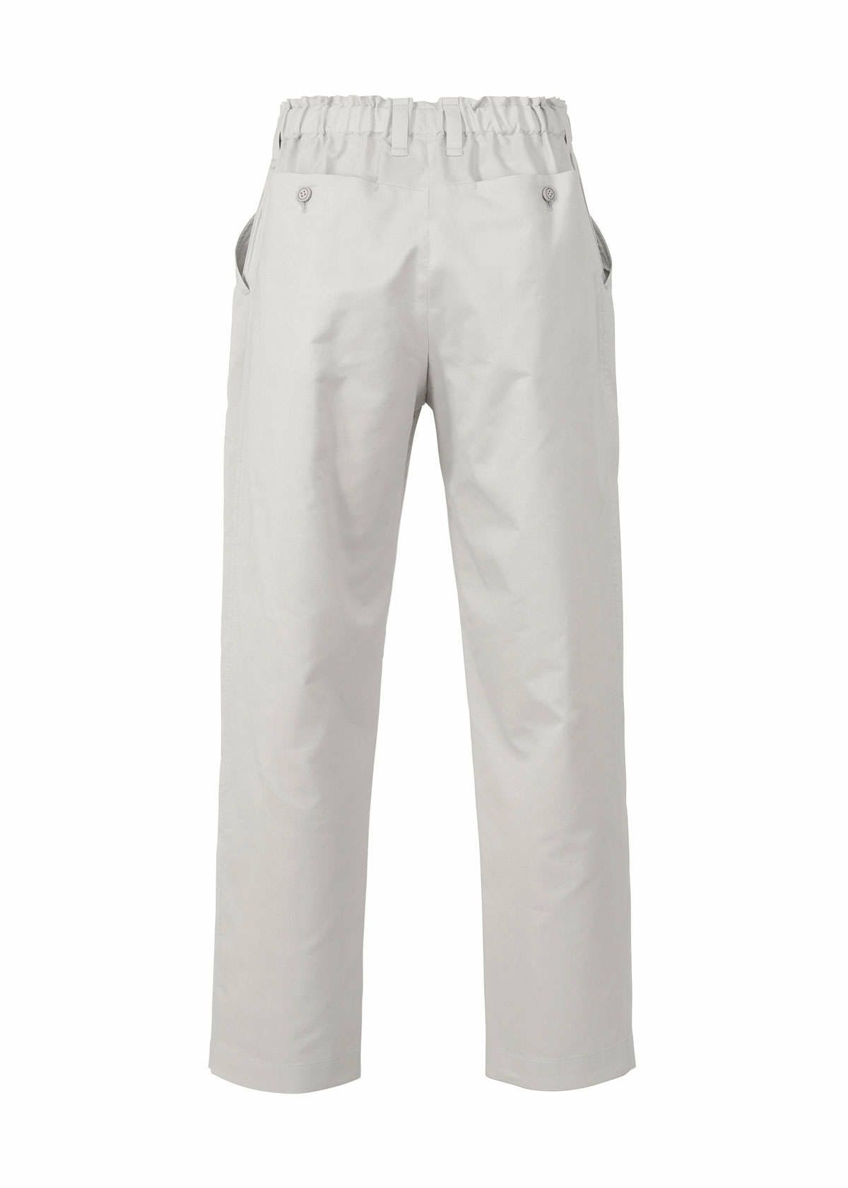 The TYPE-S BASICS cropped pants by A-POC ABLE ISSEY MIYAKE are crafted in light gray stretch fabric for enhanced comfort and feature an elastic waistband. Designed with straight legs, they include two side pockets with buttoned flaps and are showcased against a white background. view 3 of 9