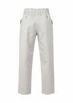 The TYPE-S BASICS cropped pants by A-POC ABLE ISSEY MIYAKE are crafted in light gray stretch fabric for enhanced comfort and feature an elastic waistband. Designed with straight legs, they include two side pockets with buttoned flaps and are showcased against a white background.