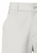 Close-up of TYPE-S BASICS cropped pants by A-POC ABLE ISSEY MIYAKE in a light color, highlighting the waistband, belt loops, button closure, front pocket, and upper leg area. Made from stretch material using the Steam Stretch technique for enhanced comfort and fit.