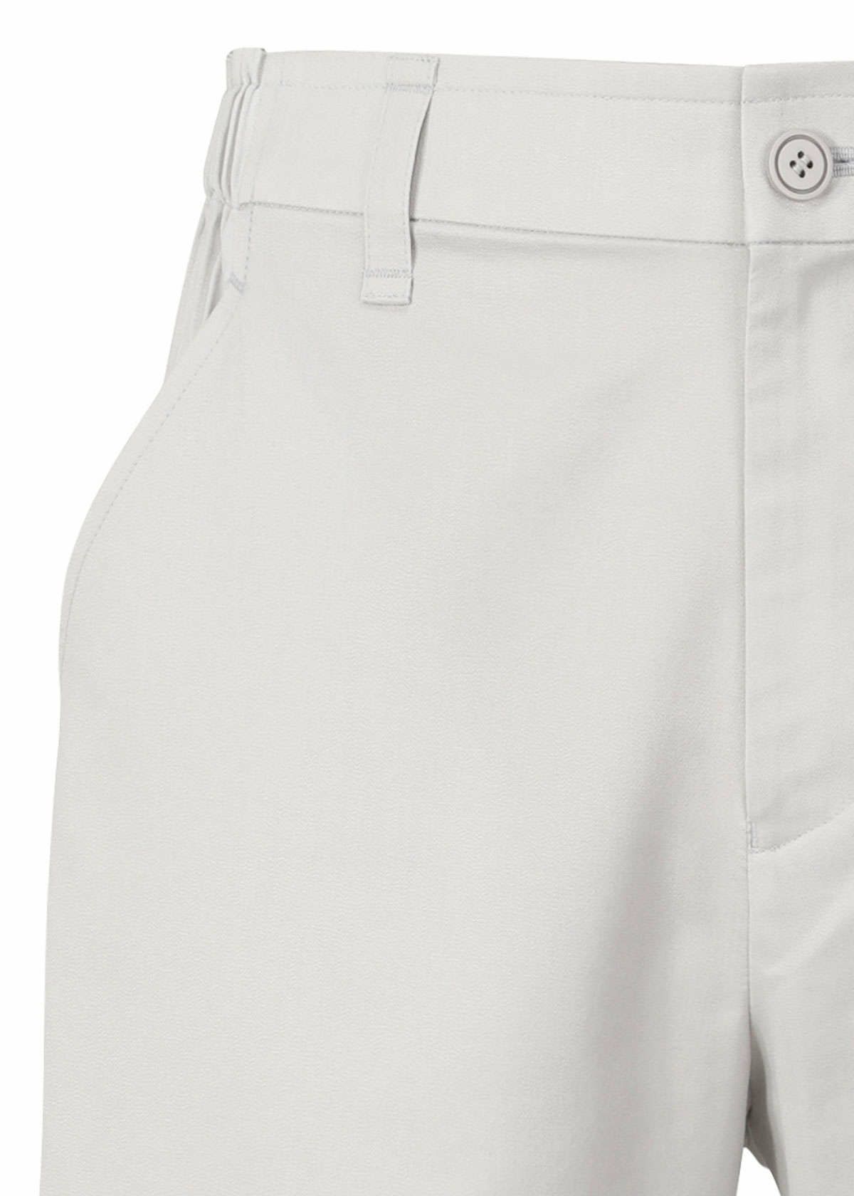 Zoomed view Close-up of TYPE-S BASICS cropped pants by A-POC ABLE ISSEY MIYAKE in a light color, highlighting the waistband, belt loops, button closure, front pocket, and upper leg area. Made from stretch material using the Steam Stretch technique for enhanced comfort and fit.