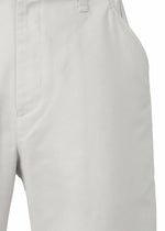 Close-up of TYPE-S BASICS light gray cropped pants by A-POC ABLE ISSEY MIYAKE, highlighting the waistband, pocket, zipper area, and upper thigh with visible belt loop and seam details. Crafted from stretch material using the innovative Steam Stretch technique for enhanced comfort and shape retention.