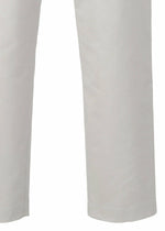 A close-up of the lower legs of the TYPE-S BASICS light gray cropped pants by A-POC ABLE ISSEY MIYAKE, highlighting the straight hem and simple side stitching. Crafted from a comfortable stretch material, these pants offer ease of movement.