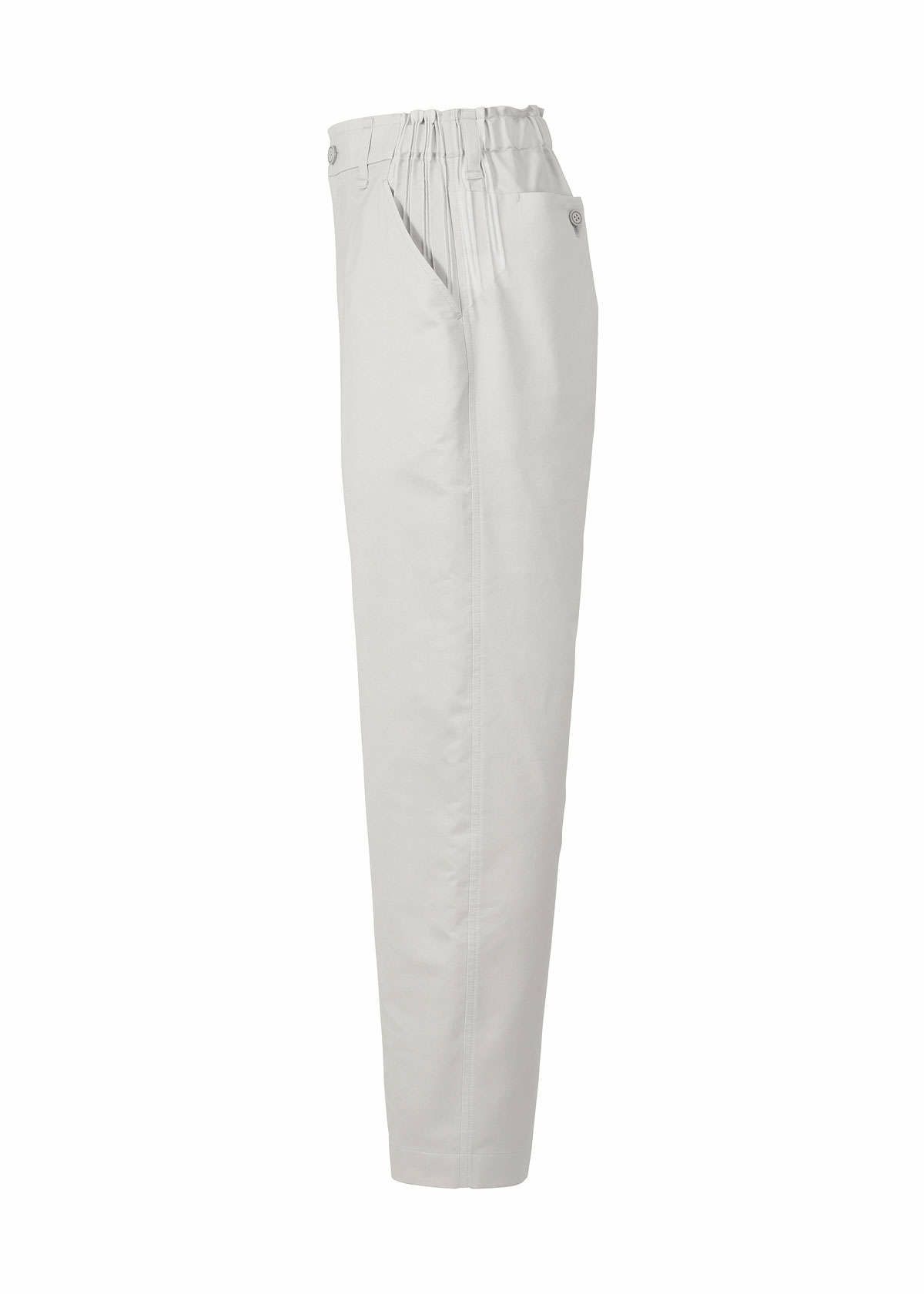Side view of the TYPE-S BASICS pants by A-POC ABLE ISSEY MIYAKE in light gray, featuring a high waist, straight legs, and pleated design, crafted from stretch fabric for added comfort and displayed against a plain white background. view 4 of 9