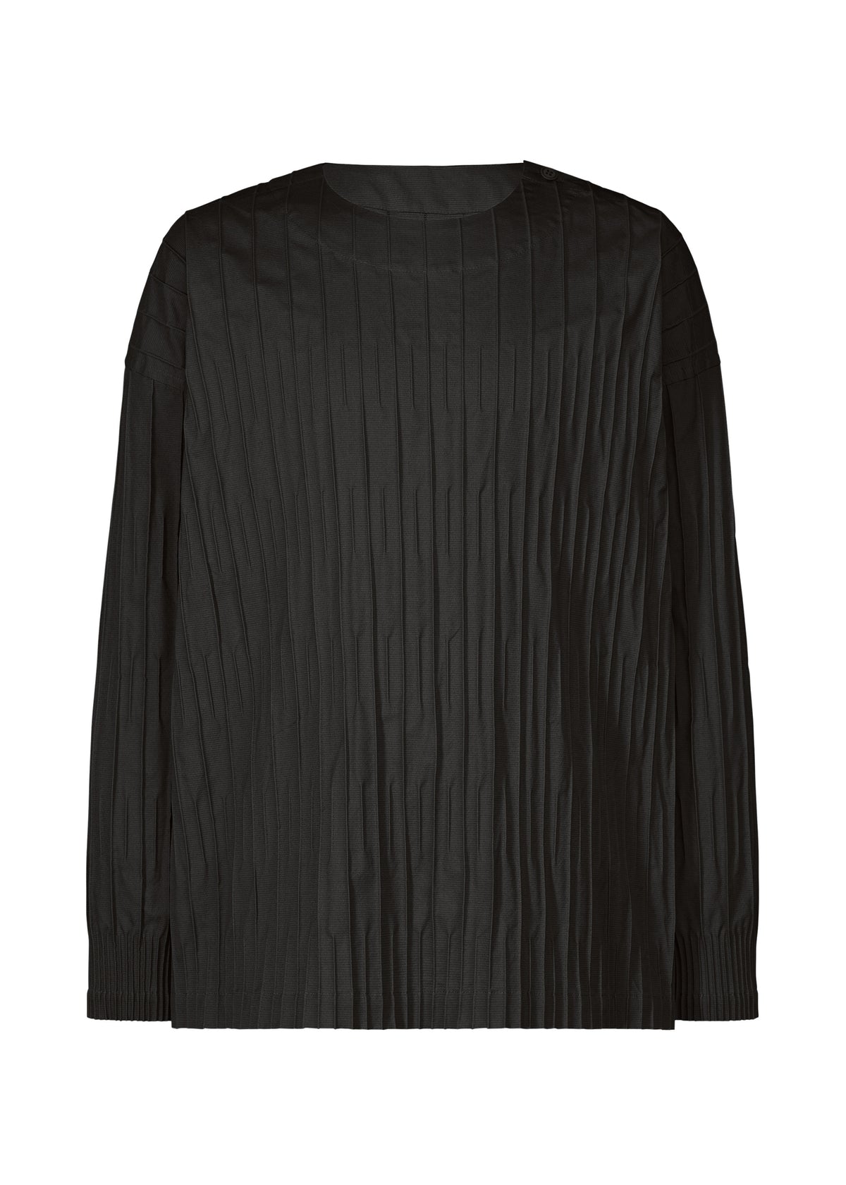 The TYPE-W 007 by A-POC ABLE ISSEY MIYAKE is a black top with a round neckline, pleated vertically textured fabric, and a subtle striped pattern. Its simple, modern design has no visible buttons or embellishments. view 1 of 6