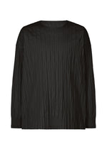 The TYPE-W 007 by A-POC ABLE ISSEY MIYAKE is a black top with a round neckline, pleated vertically textured fabric, and a subtle striped pattern. Its simple, modern design has no visible buttons or embellishments. - - (no.01)