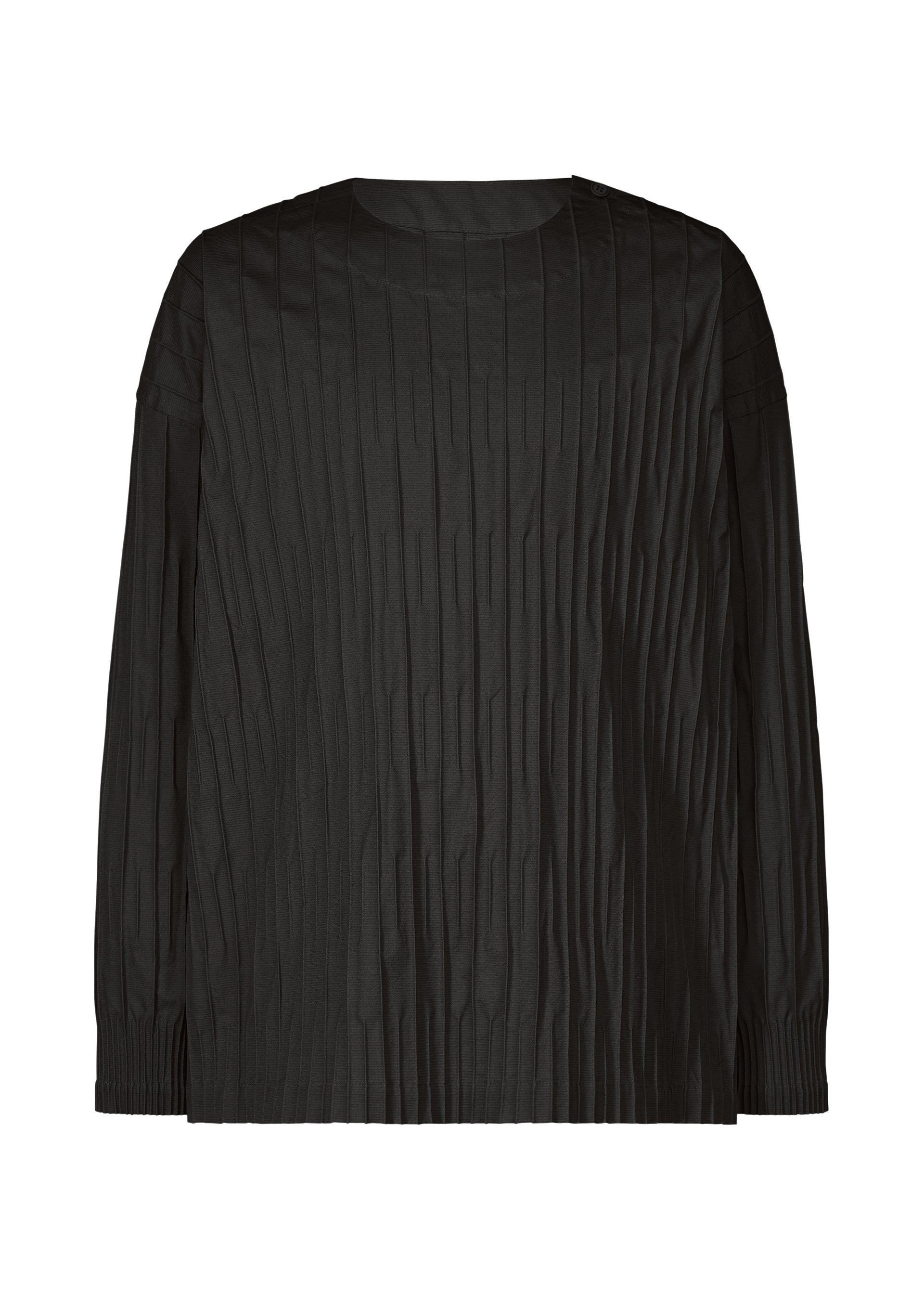 Zoomed view The TYPE-W 007 by A-POC ABLE ISSEY MIYAKE is a black top with a round neckline, pleated vertically textured fabric, and a subtle striped pattern. Its simple, modern design has no visible buttons or embellishments. - - (no.01)