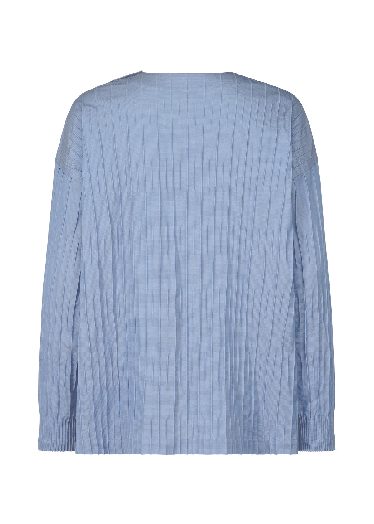 The TYPE-W 007 by A-POC ABLE ISSEY MIYAKE is a light blue long-sleeve Steam Stretch top shown from the back, with vertical pleats, relaxed fit, and subtle ribbed details on the cuffs and shoulders. view 2 of 6