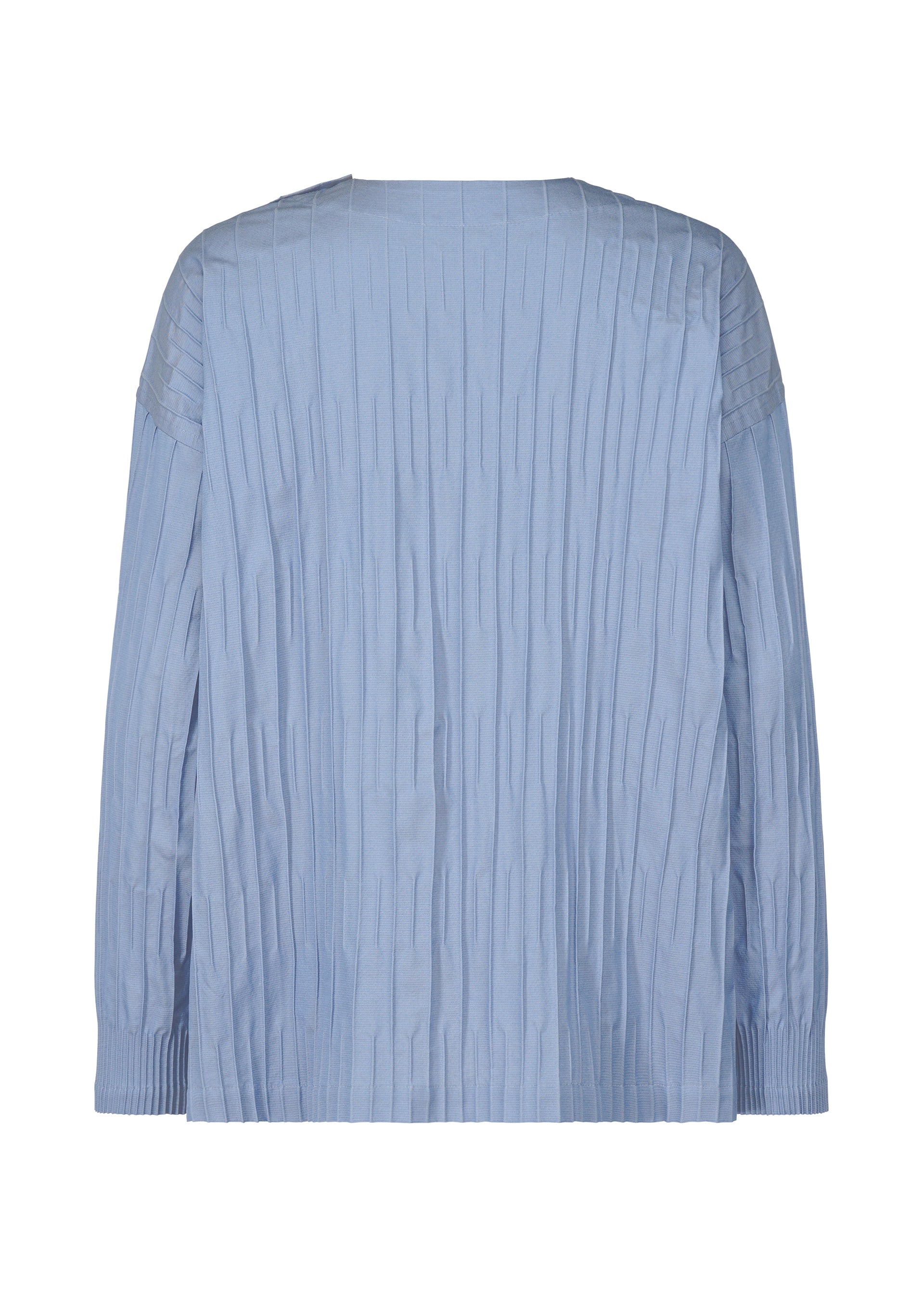 Zoomed view The TYPE-W 007 by A-POC ABLE ISSEY MIYAKE is a light blue long-sleeve Steam Stretch top shown from the back, with vertical pleats, relaxed fit, and subtle ribbed details on the cuffs and shoulders.