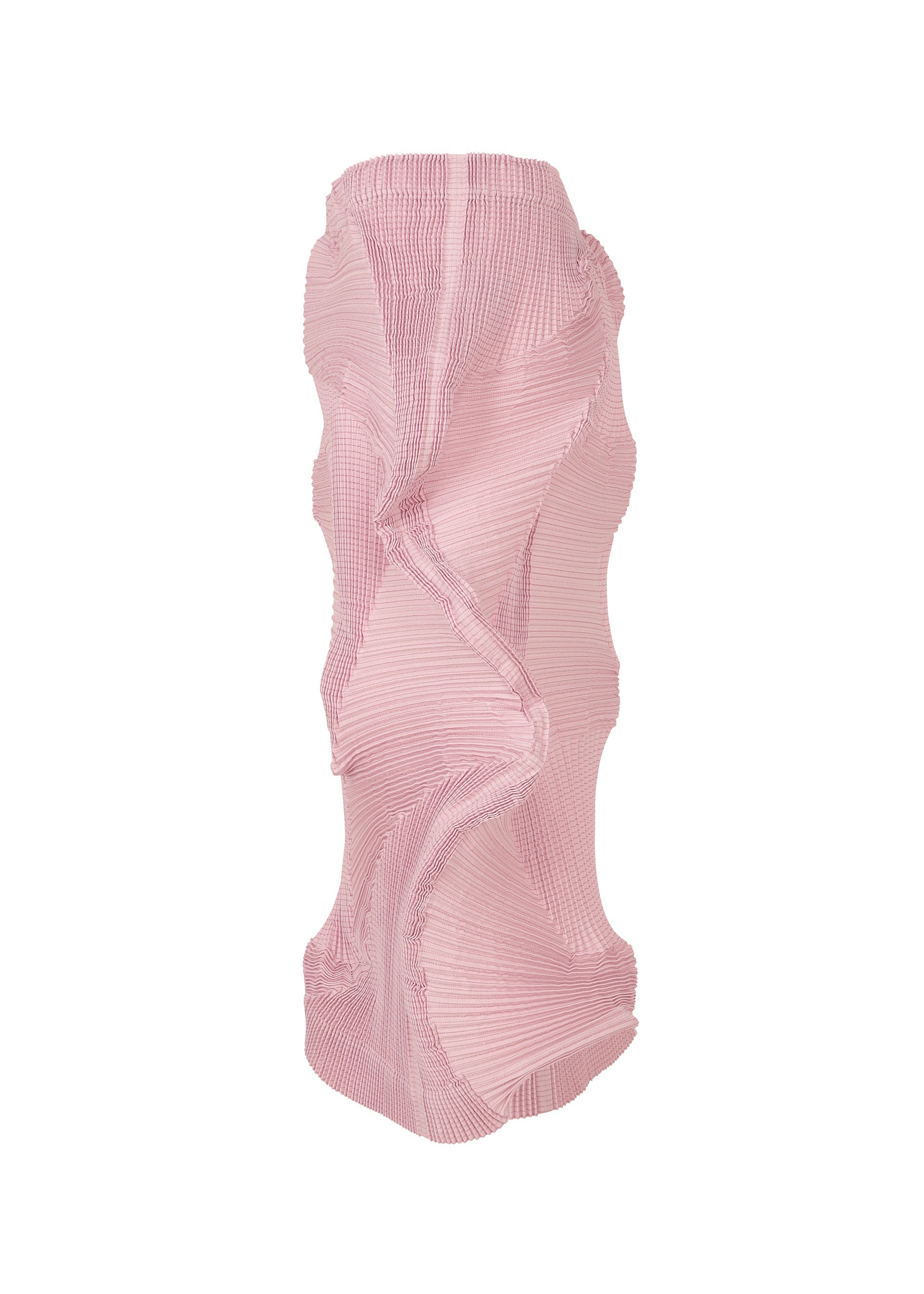 Zoomed view The TYPE-O 003 BK by A-POC ABLE ISSEY MIYAKE is a tall, pink sculptural vase with a textured, wavy, and twisted design resembling pleated skirt lines, shown upright against a white background.
