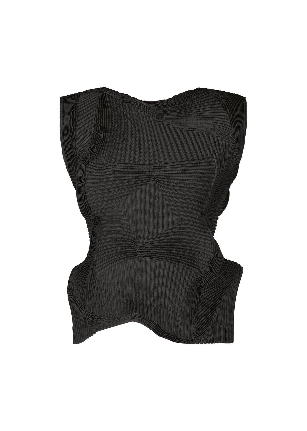 The TYPE-O 003 BK by A-POC ABLE ISSEY MIYAKE is a black, long-sleeved sculptural top with pleats, abstract geometric texture, and asymmetrical wavy edges. Made from recycled polyester, it’s shown on a white background. view 1 of 4