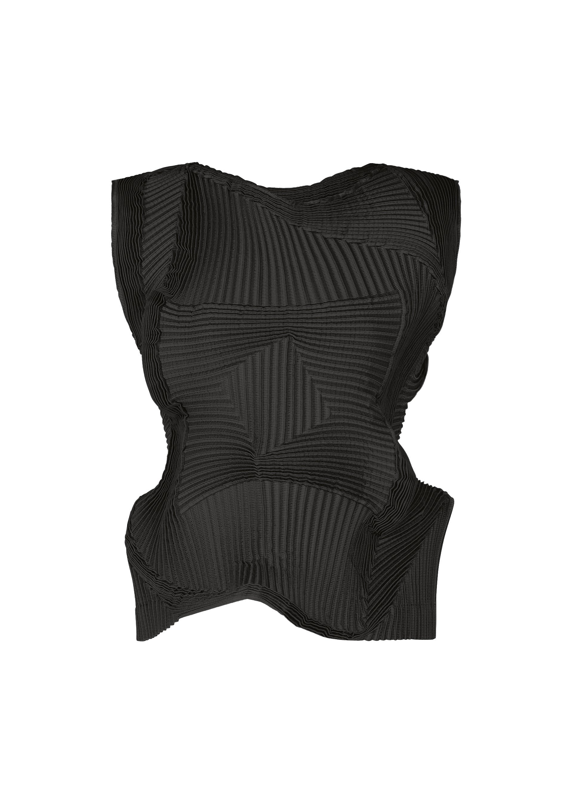 Zoomed view The TYPE-O 003 BK by A-POC ABLE ISSEY MIYAKE is a black, long-sleeved sculptural top with pleats, abstract geometric texture, and asymmetrical wavy edges. Made from recycled polyester, it’s shown on a white background. - BLACK (no.15)