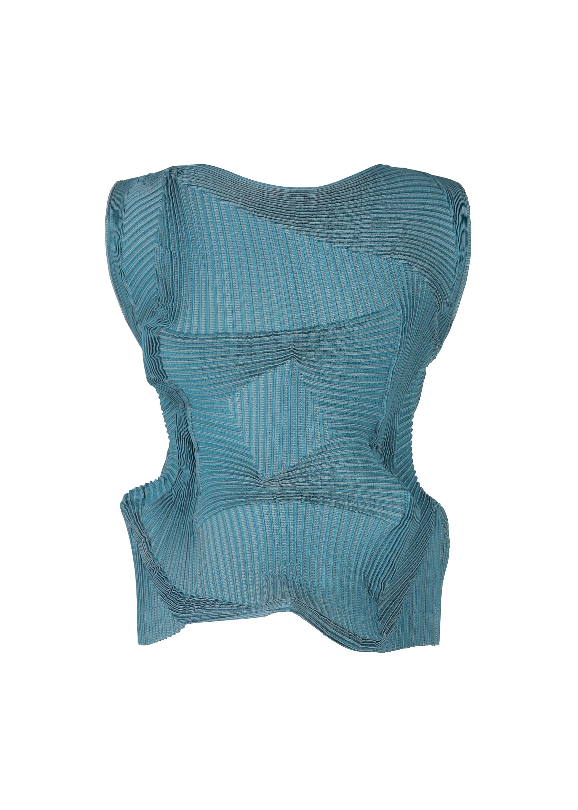 Zoomed view The TYPE-O 003 BK top by A-POC ABLE ISSEY MIYAKE features sculptural teal pleats, long sleeves, and a geometric layered design with textured wavy lines for an abstract 3D look shown against a white background.