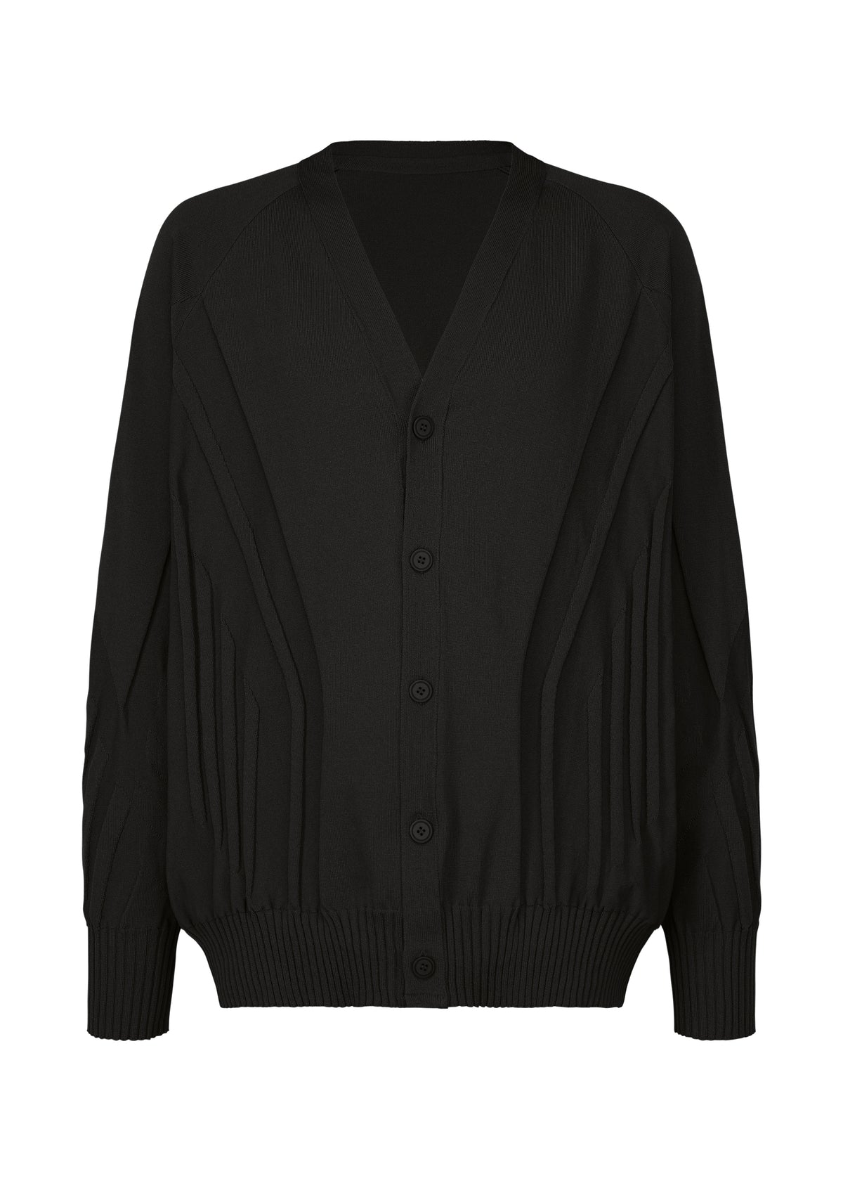 The TYPE-K 003-1 by A-POC ABLE ISSEY MIYAKE is a black knit cardigan featuring a V-neckline, long sleeves, ribbed cuffs and hem, plus vertical three-dimensional patterns for a simple, elegant look. view 1 of 7