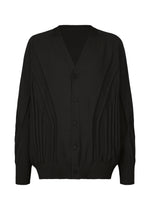 The TYPE-K 003-1 by A-POC ABLE ISSEY MIYAKE is a black knit cardigan featuring a V-neckline, long sleeves, ribbed cuffs and hem, plus vertical three-dimensional patterns for a simple, elegant look. - - (no.01)