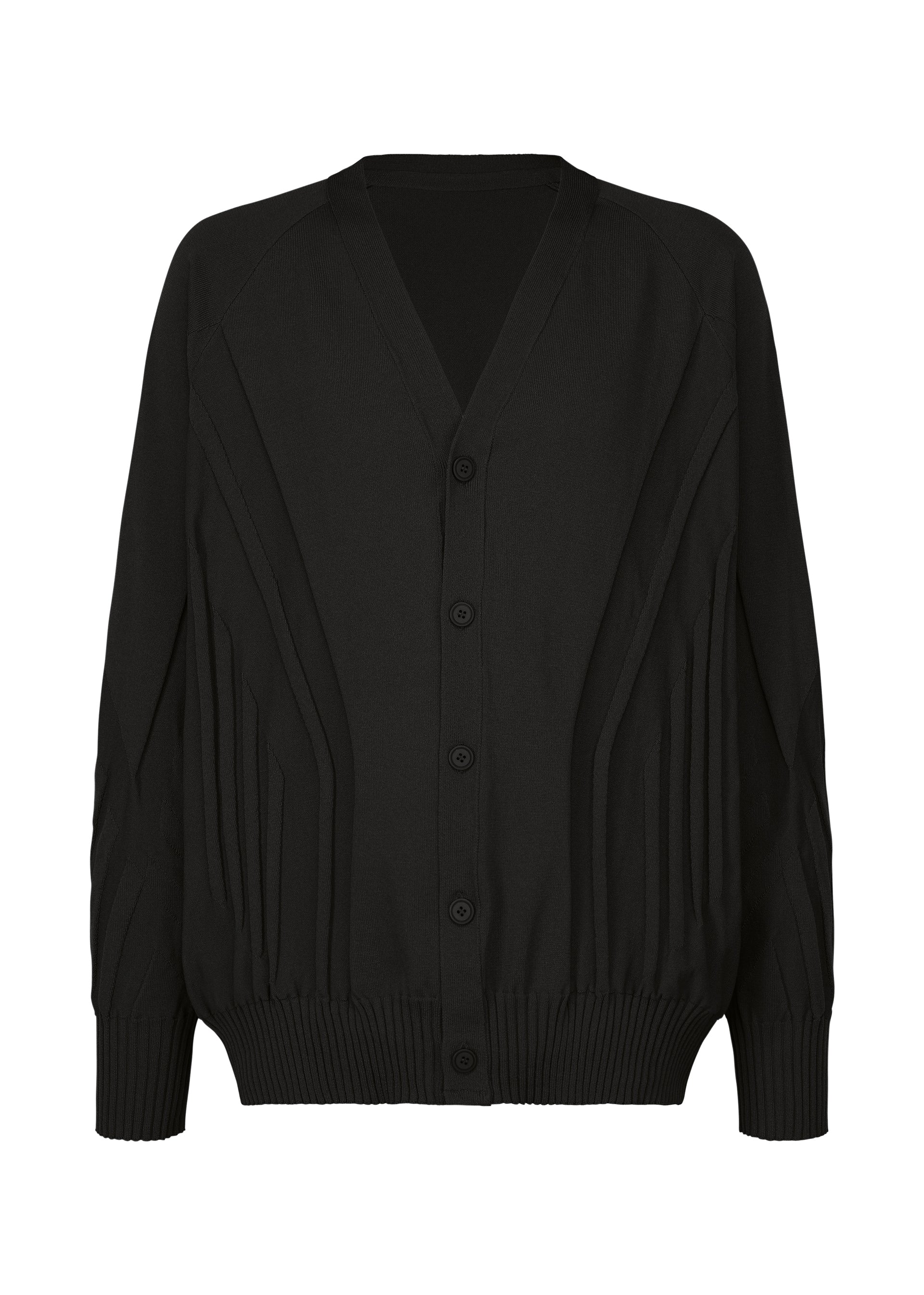Zoomed view The TYPE-K 003-1 by A-POC ABLE ISSEY MIYAKE is a black knit cardigan featuring a V-neckline, long sleeves, ribbed cuffs and hem, plus vertical three-dimensional patterns for a simple, elegant look. - - (no.01)