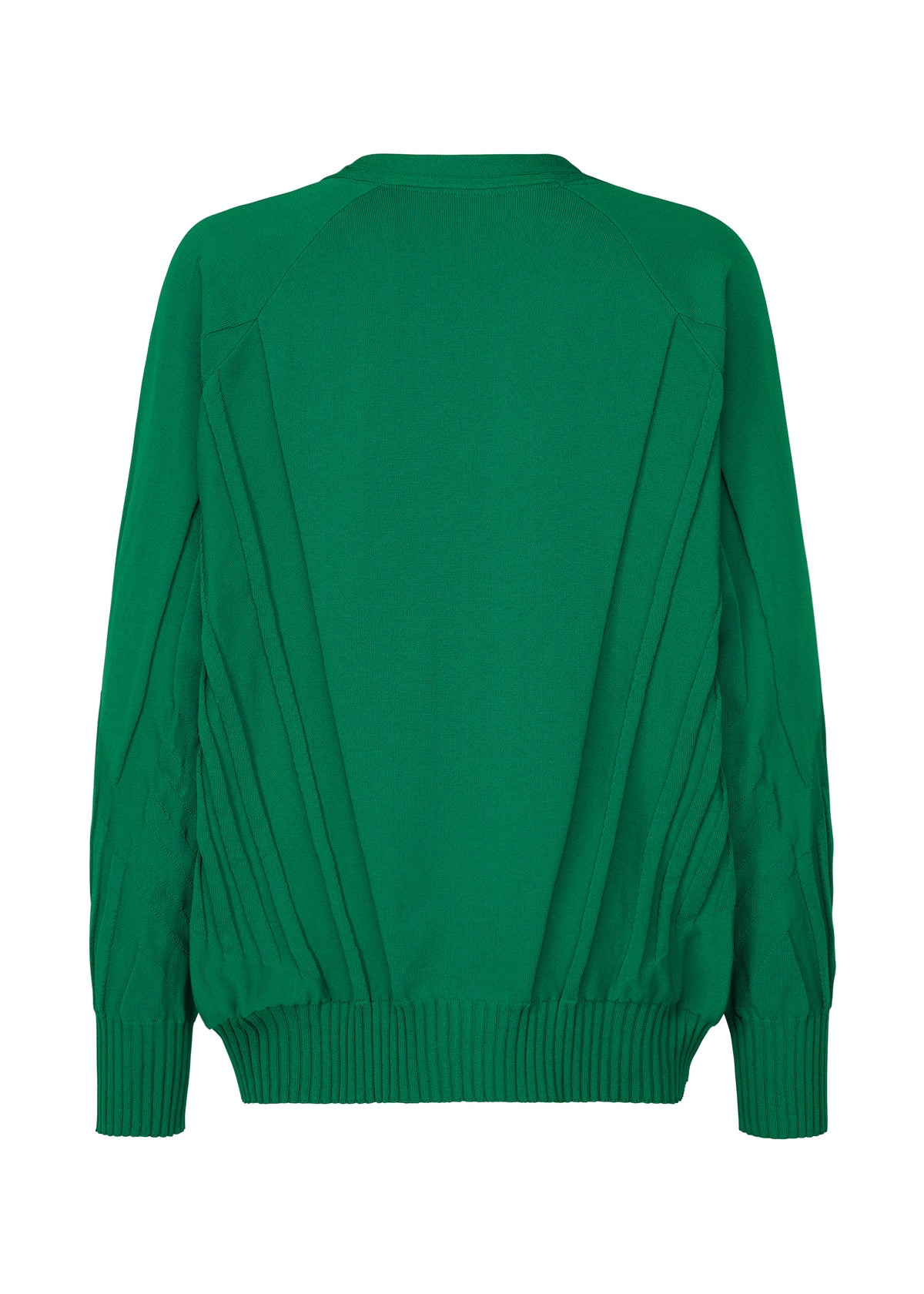 The TYPE-K 003-1 by A-POC ABLE ISSEY MIYAKE is a green long-sleeve sweater with ribbed cuffs and hem, subtle diagonal pleats on the sides and sleeves, and three-dimensional knitting for added depth. Shown from the back. view 2 of 7