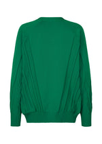 The TYPE-K 003-1 by A-POC ABLE ISSEY MIYAKE is a green long-sleeve sweater with ribbed cuffs and hem, subtle diagonal pleats on the sides and sleeves, and three-dimensional knitting for added depth. Shown from the back.