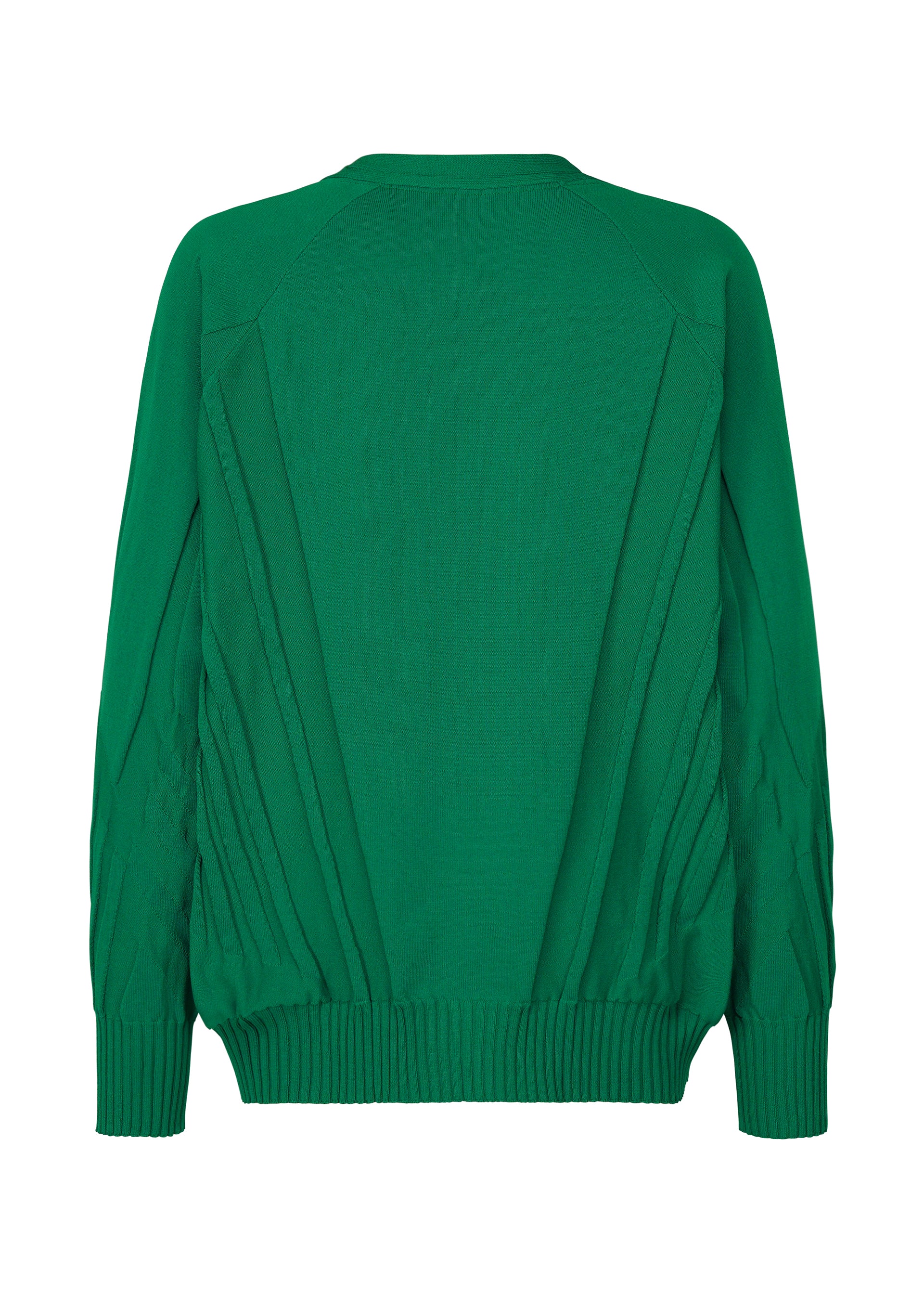 Zoomed view The TYPE-K 003-1 by A-POC ABLE ISSEY MIYAKE is a green long-sleeve sweater with ribbed cuffs and hem, subtle diagonal pleats on the sides and sleeves, and three-dimensional knitting for added depth. Shown from the back.
