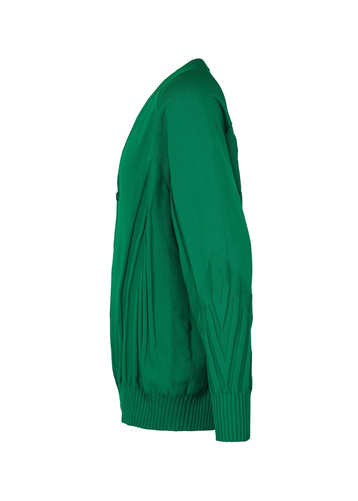 The TYPE-K 003-1 green knit cardigan by A-POC ABLE ISSEY MIYAKE is shown side-on against a white background, featuring long sleeves with ribbed cuffs and hem, plus subtle 3D knitting patterns on the sleeves and body. view 3 of 7