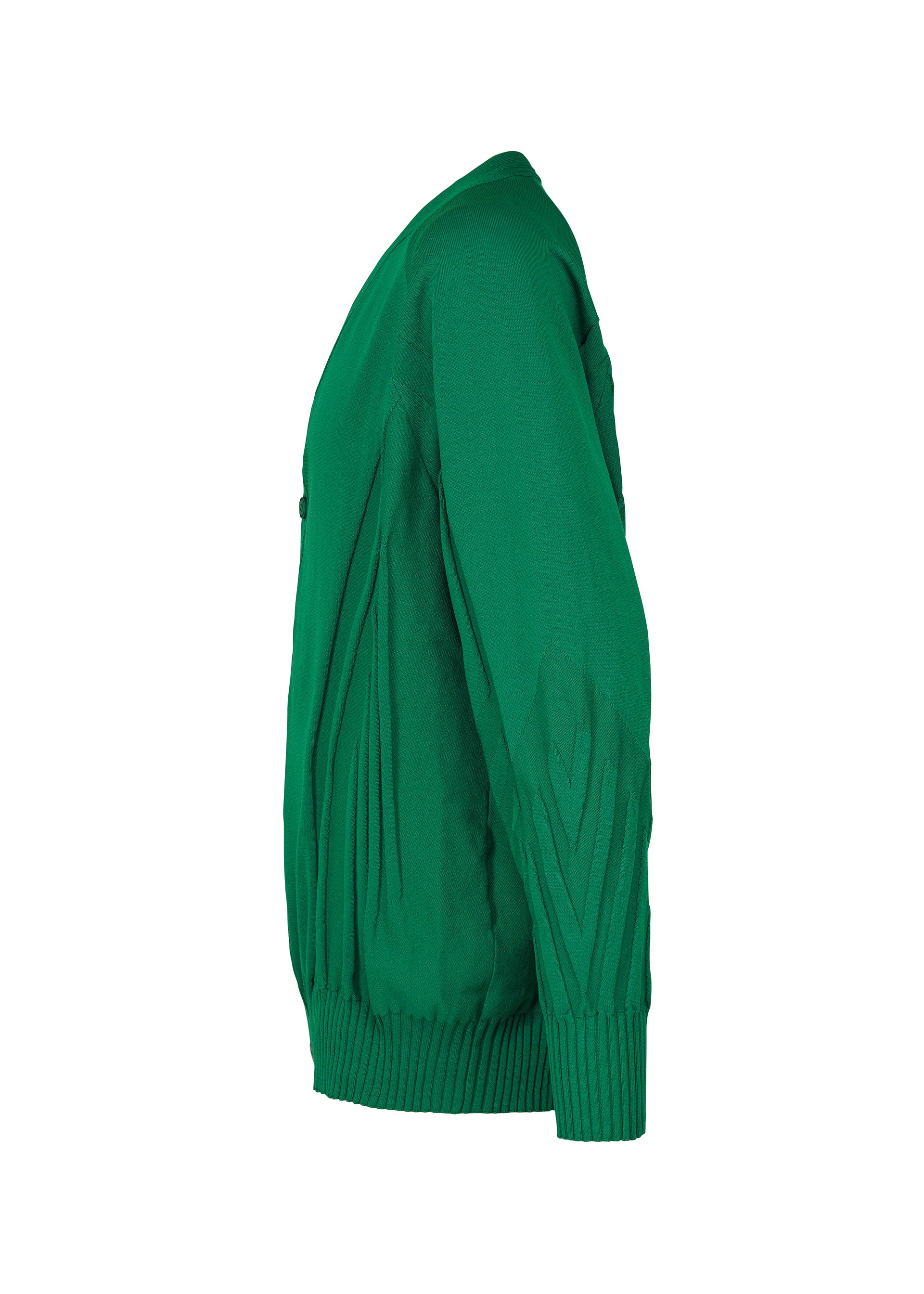 Zoomed view The TYPE-K 003-1 green knit cardigan by A-POC ABLE ISSEY MIYAKE is shown side-on against a white background, featuring long sleeves with ribbed cuffs and hem, plus subtle 3D knitting patterns on the sleeves and body.
