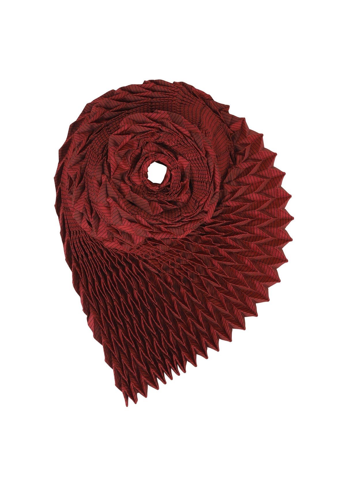 The TYPE-O STOLE by A-POC ABLE ISSEY MIYAKE is a red, pleated textile scarf folded into a spiral, rose-like shape with geometric patterns, displayed on a white background. view 2 of 17