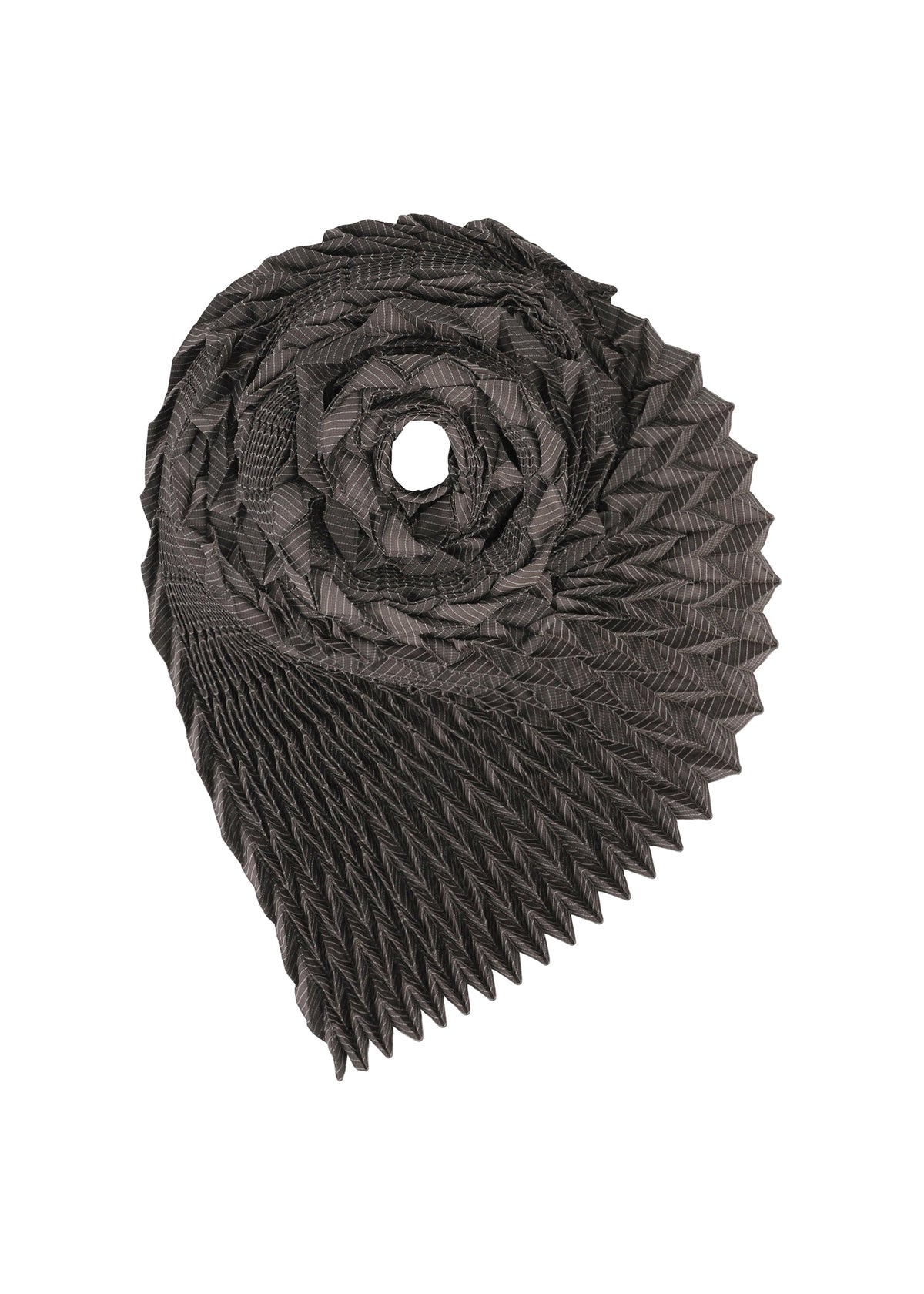 The TYPE-O STOLE by A-POC ABLE ISSEY MIYAKE is a black, voluminous scarf with intricate geometric folds in a spiral pattern, resembling a flower or stylized pine cone, shown against a white background. view 3 of 17