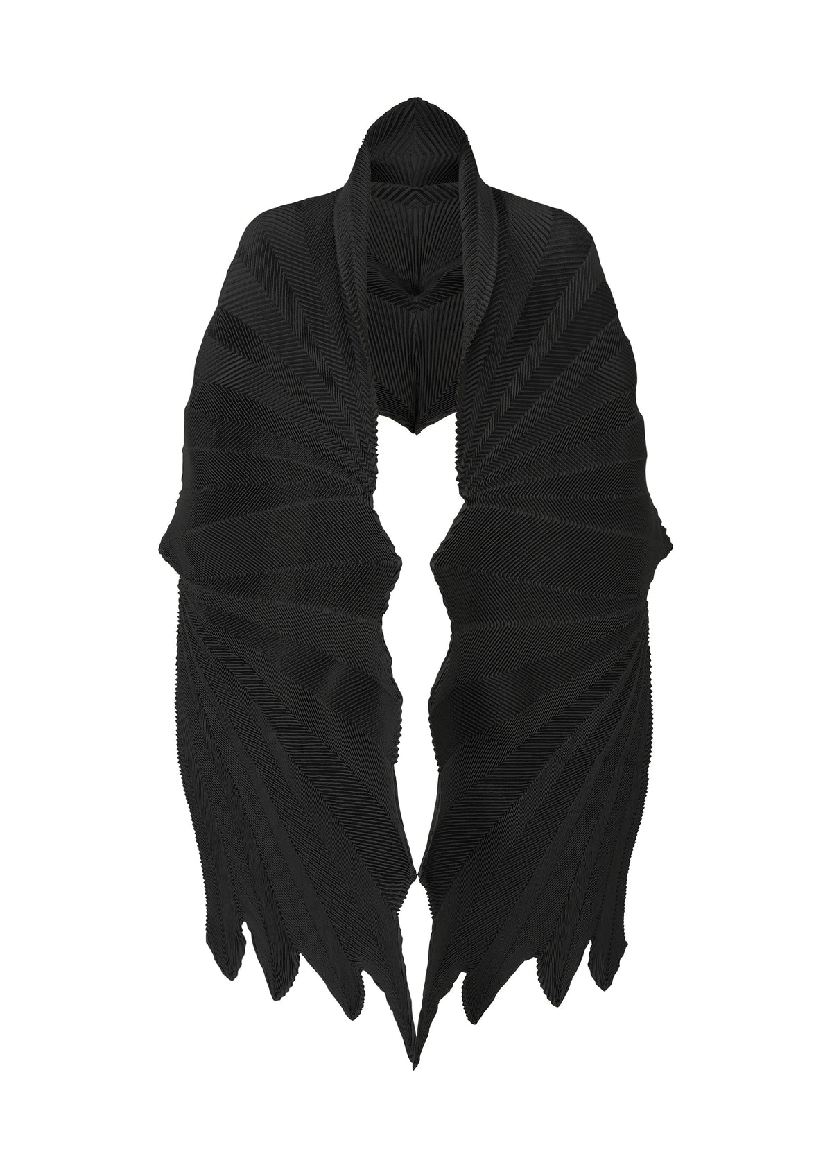A black, pleated scarf with a geometric, fan-like design and pointed edges from the TYPE-XIV Eugene Studio project 002 by A-POC ABLE ISSEY MIYAKE, displayed against a white background. view 2 of 11