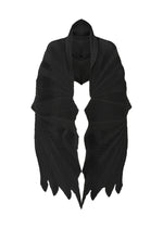 A black, pleated scarf with a geometric, fan-like design and pointed edges from the TYPE-XIV Eugene Studio project 002 by A-POC ABLE ISSEY MIYAKE, displayed against a white background. - BLACK-HUED (no.17)