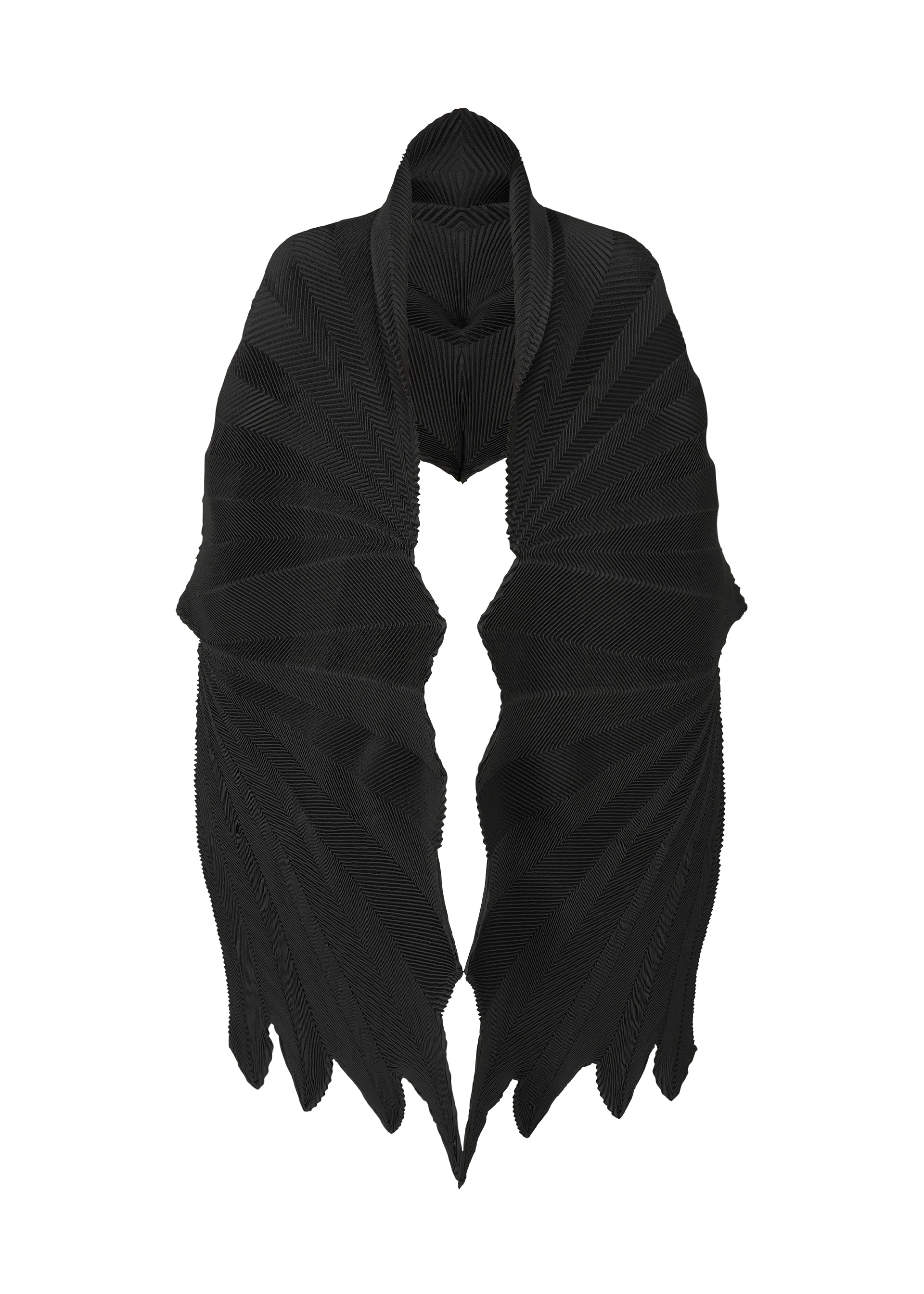 Zoomed view A black, pleated scarf with a geometric, fan-like design and pointed edges from the TYPE-XIV Eugene Studio project 002 by A-POC ABLE ISSEY MIYAKE, displayed against a white background. - BLACK-HUED (no.17)