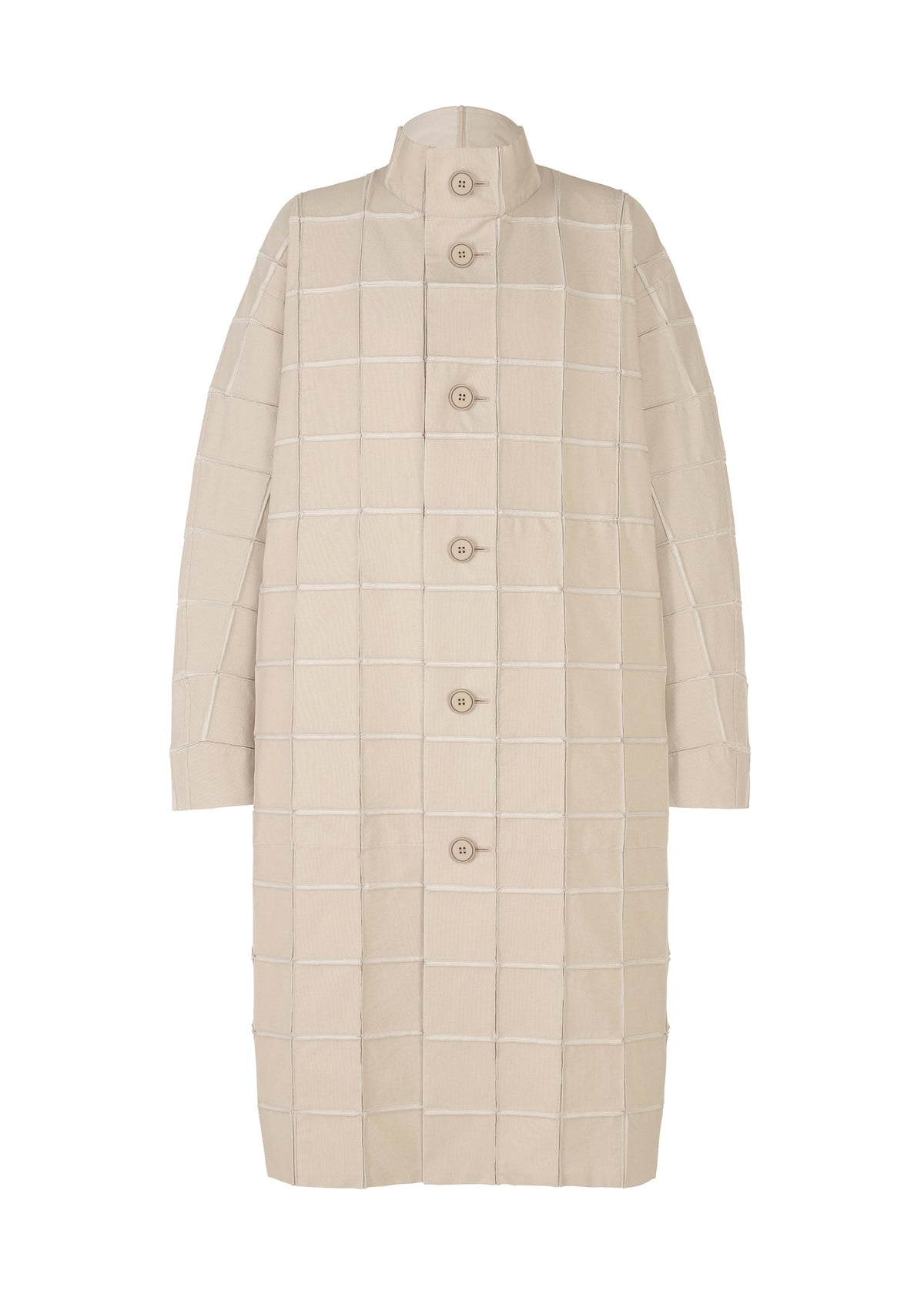 The TYPE-O 002 coat by A-POC ABLE ISSEY MIYAKE is a long beige grid-patterned piece with a stand-up collar, large front buttons, and long sleeves, made from lightweight stretch fabric for comfort and style. view 2 of 10