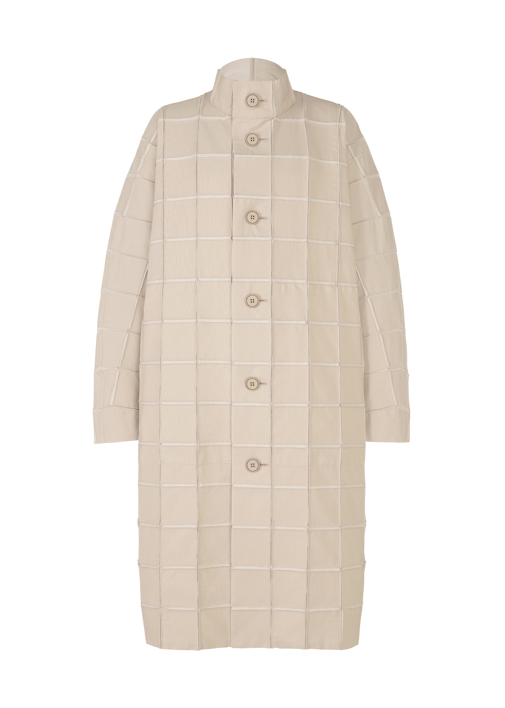 Zoomed view The TYPE-O 002 coat by A-POC ABLE ISSEY MIYAKE is a long beige grid-patterned piece with a stand-up collar, large front buttons, and long sleeves, made from lightweight stretch fabric for comfort and style. - BEIGE （no.41）