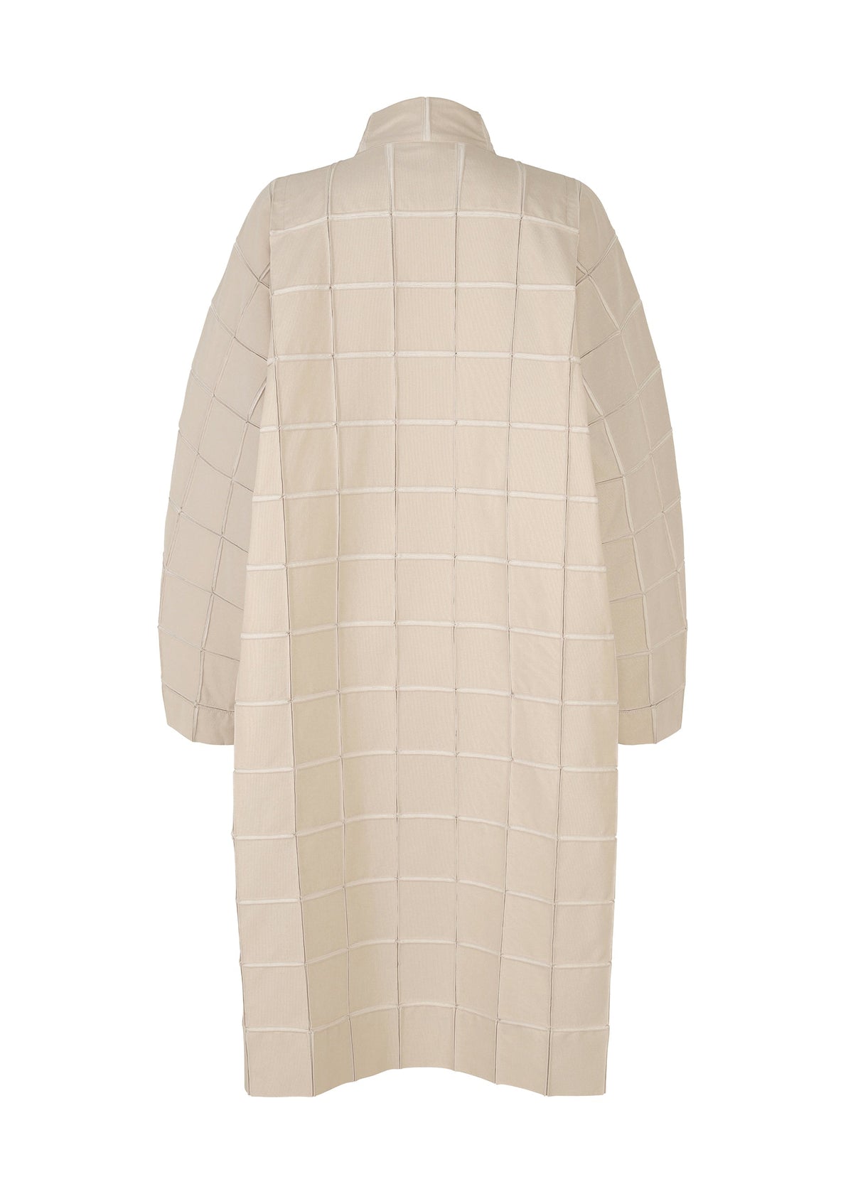 The TYPE-O 002 coat by A-POC ABLE ISSEY MIYAKE is a long, light beige piece with a grid pattern and straight cut. Made from lightweight stretch fabric, it features long sleeves and visible stitching outlining bold square sections. view 3 of 10