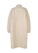 The TYPE-O 002 coat by A-POC ABLE ISSEY MIYAKE is a long, light beige piece with a grid pattern and straight cut. Made from lightweight stretch fabric, it features long sleeves and visible stitching outlining bold square sections.