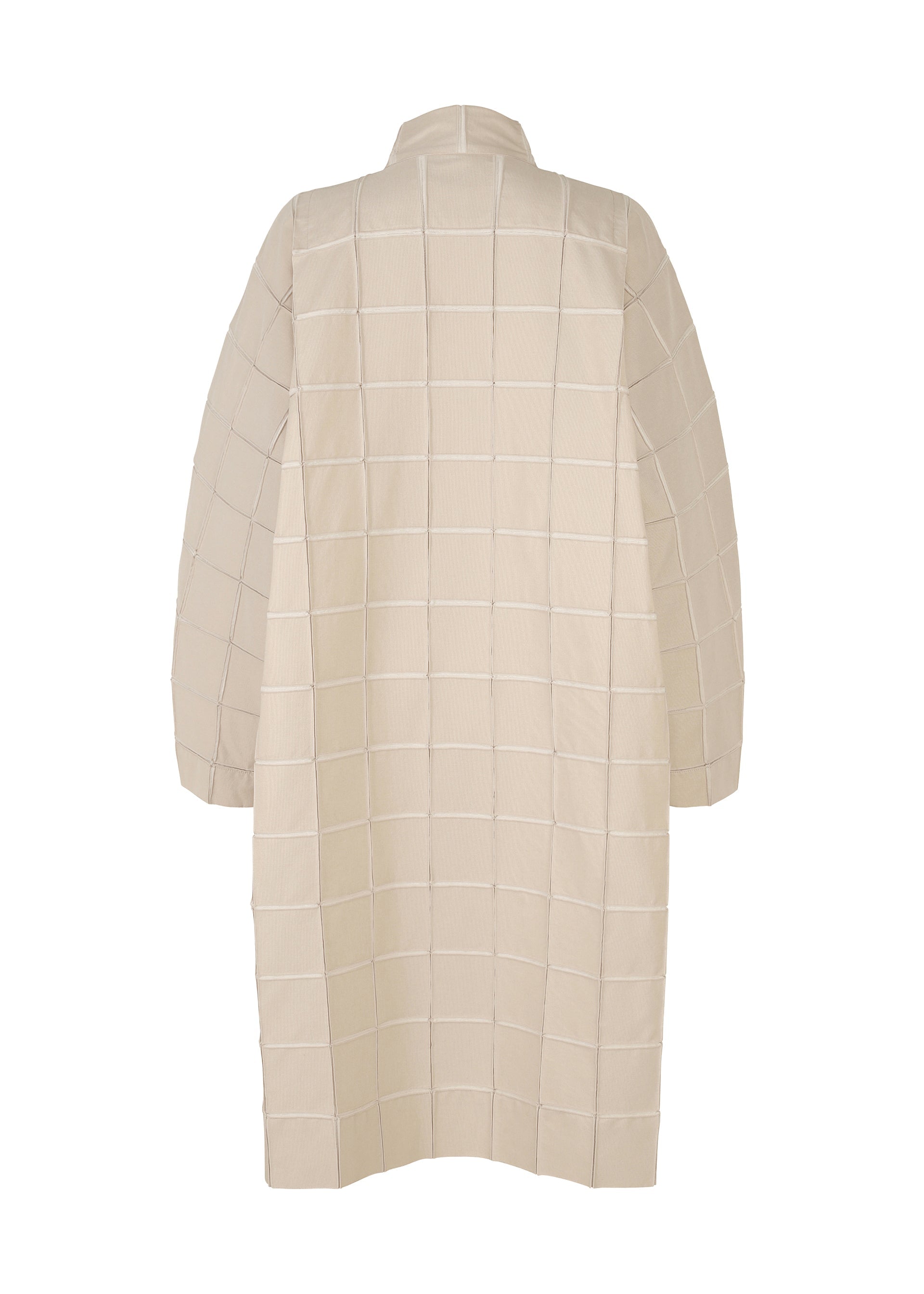 Zoomed view The TYPE-O 002 coat by A-POC ABLE ISSEY MIYAKE is a long, light beige piece with a grid pattern and straight cut. Made from lightweight stretch fabric, it features long sleeves and visible stitching outlining bold square sections.