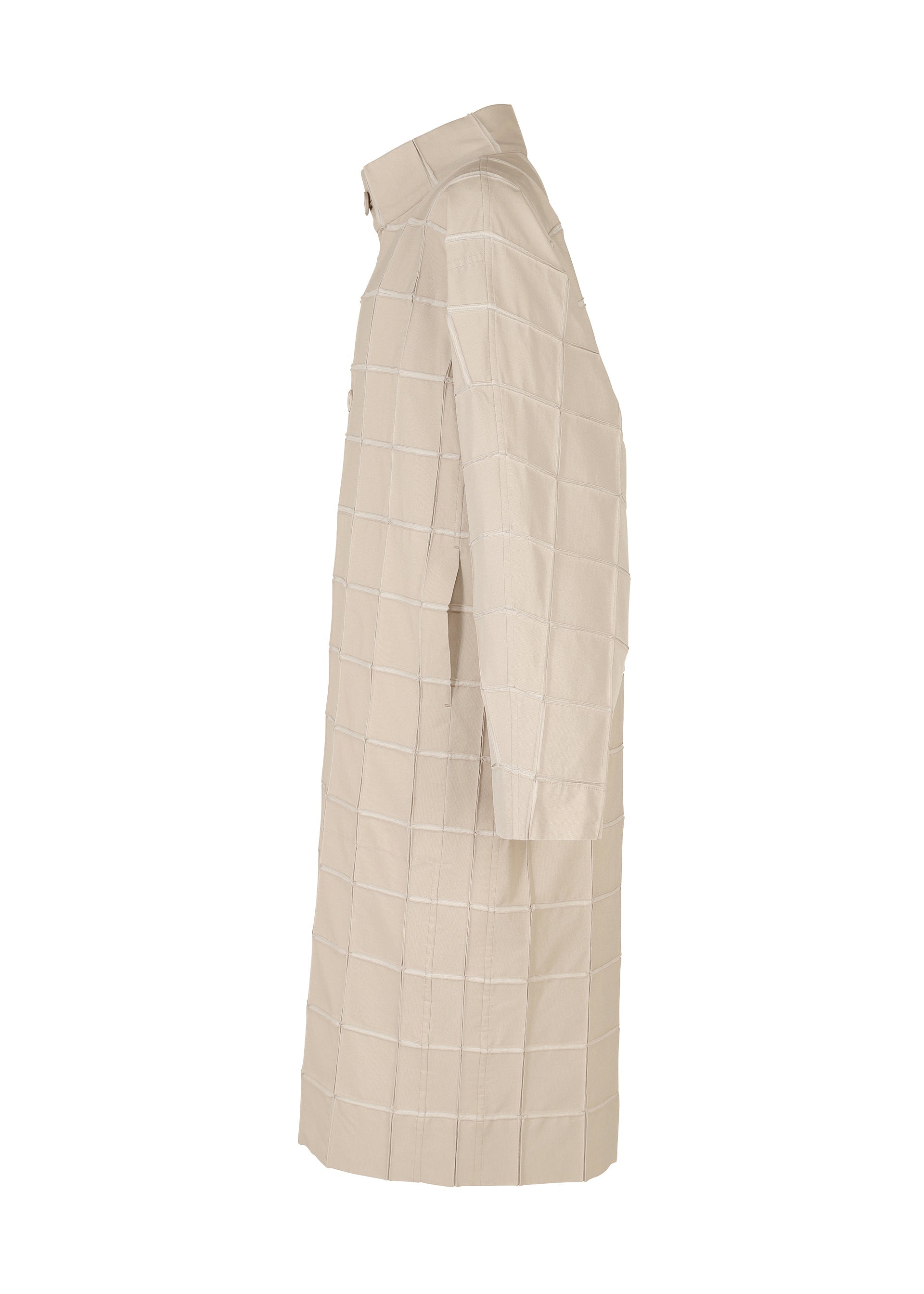 Zoomed view The TYPE-O 002 by A-POC ABLE ISSEY MIYAKE is a beige, knee-length shirt dress with long sleeves, a collar, and a grid pattern, crafted from lightweight stretch fabric and shown from the side.