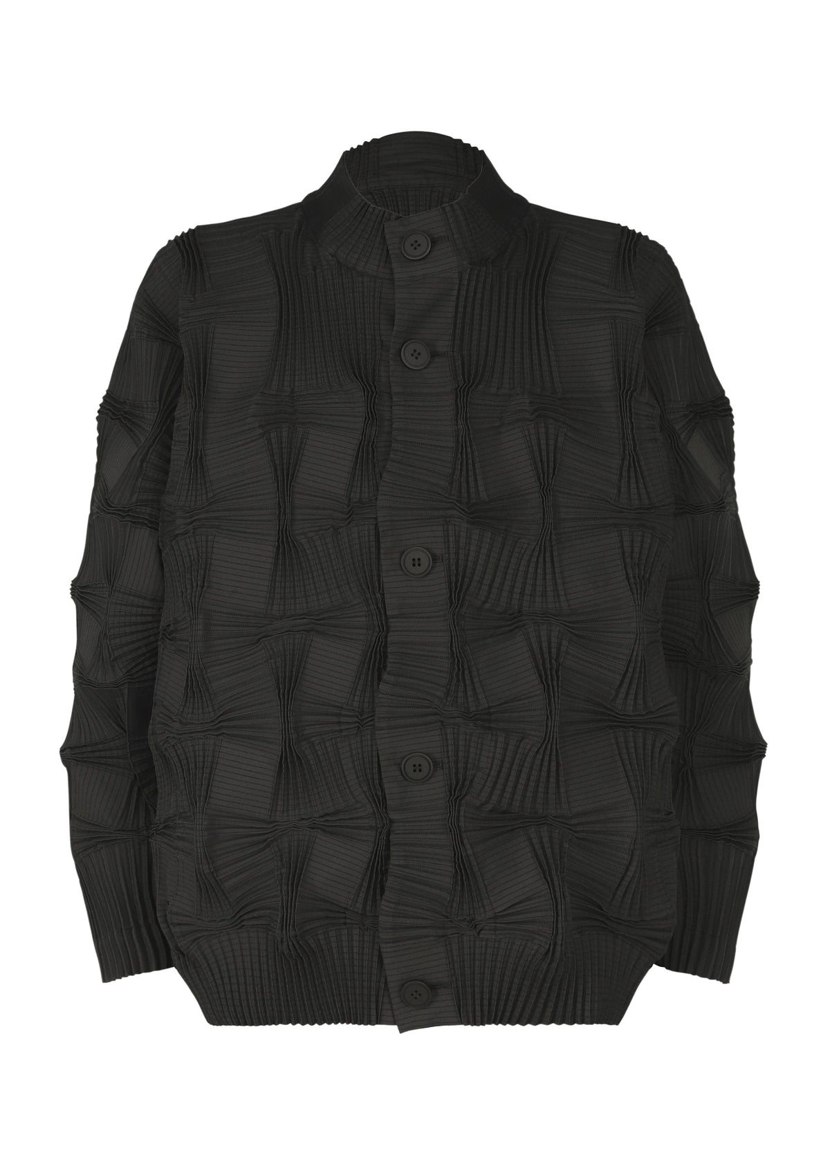 The TYPE-O 018 by A-POC ABLE ISSEY MIYAKE is a black button-up cardigan with a distinct three-dimensional geometric texture, featuring raised spiral twists, a high collar, and ribbed cuffs and hem. view 2 of 8