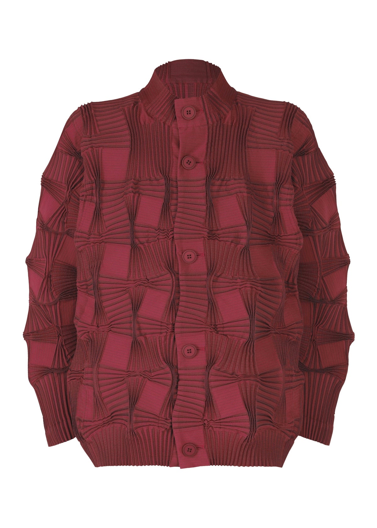 The TYPE-O 018 by A-POC ABLE ISSEY MIYAKE is a burgundy long-sleeve pleated jacket with five front buttons, featuring a unique geometric steam-stretch texture and a raised checkerboard pattern for a striking 3D effect. view 1 of 8