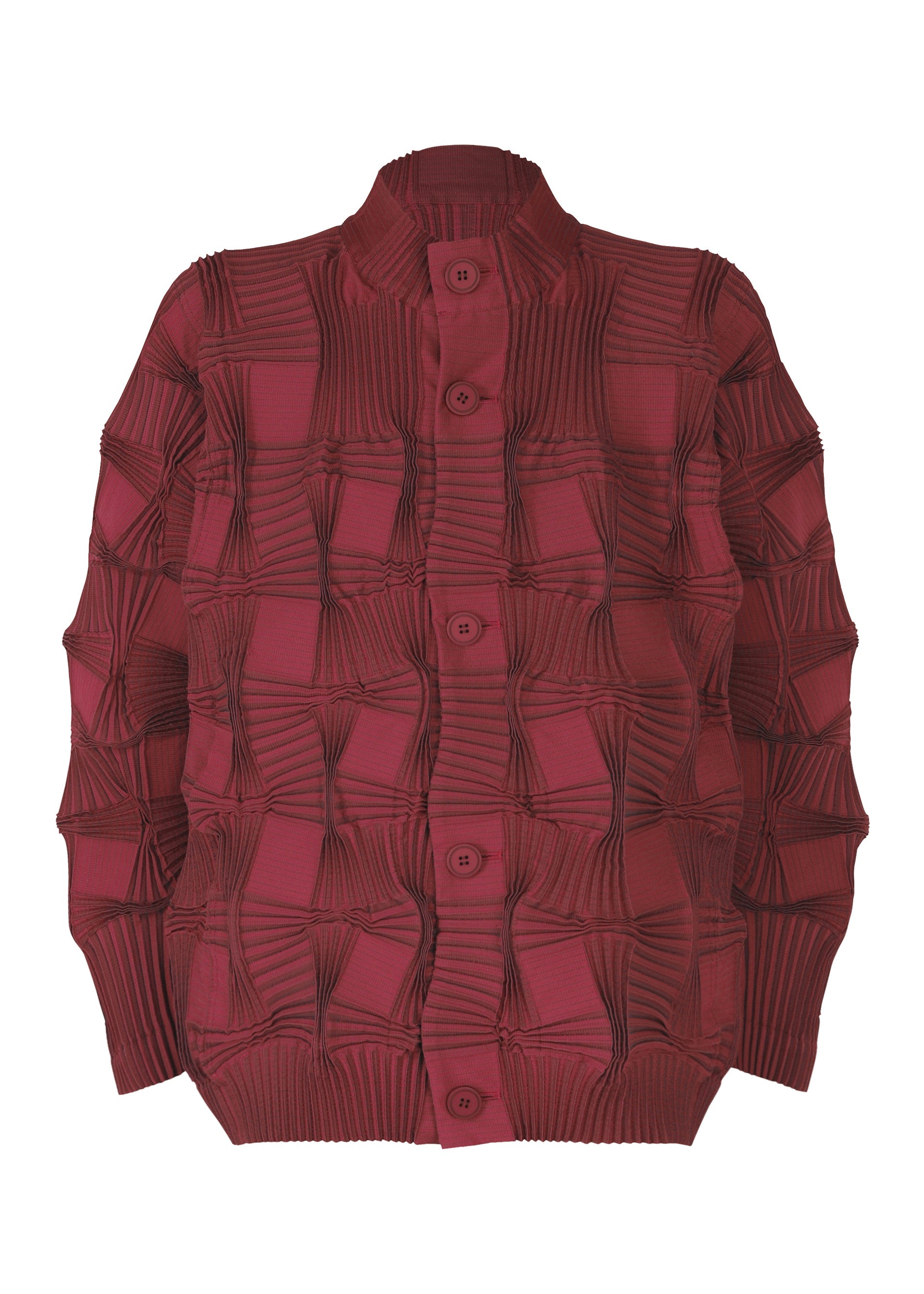 Zoomed view The TYPE-O 018 by A-POC ABLE ISSEY MIYAKE is a burgundy long-sleeve pleated jacket with five front buttons, featuring a unique geometric steam-stretch texture and a raised checkerboard pattern for a striking 3D effect. - ROSE RED （no.25）