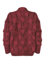 The image shows the back of the TYPE-O 018 jacket by A-POC ABLE ISSEY MIYAKE, featuring a maroon pleated design with a geometric grid of raised, folded squares and ribbed cuffs, hem, and collar made using the Steam Stretch technique.