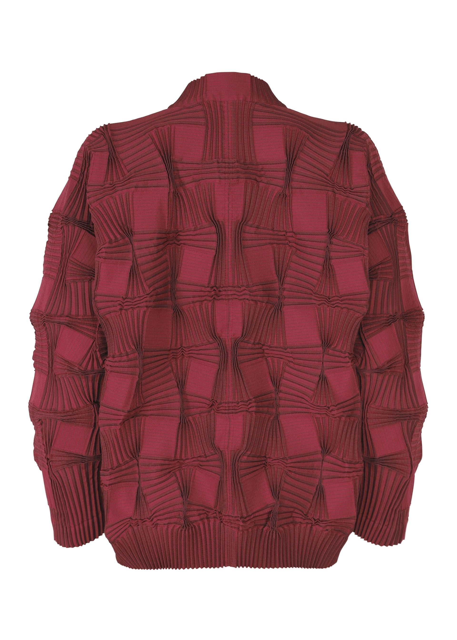 Zoomed view The image shows the back of the TYPE-O 018 jacket by A-POC ABLE ISSEY MIYAKE, featuring a maroon pleated design with a geometric grid of raised, folded squares and ribbed cuffs, hem, and collar made using the Steam Stretch technique.