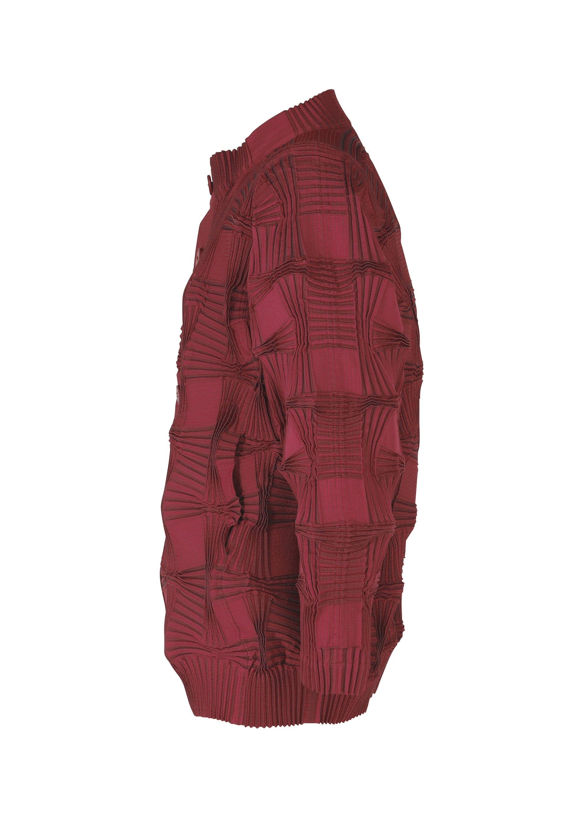 Zoomed view A side view of the TYPE-O 018 red textured sweater by A-POC ABLE ISSEY MIYAKE, featuring a Steam Stretch 3D grid pattern with ribbed cuffs and hem, displayed on a plain white background.