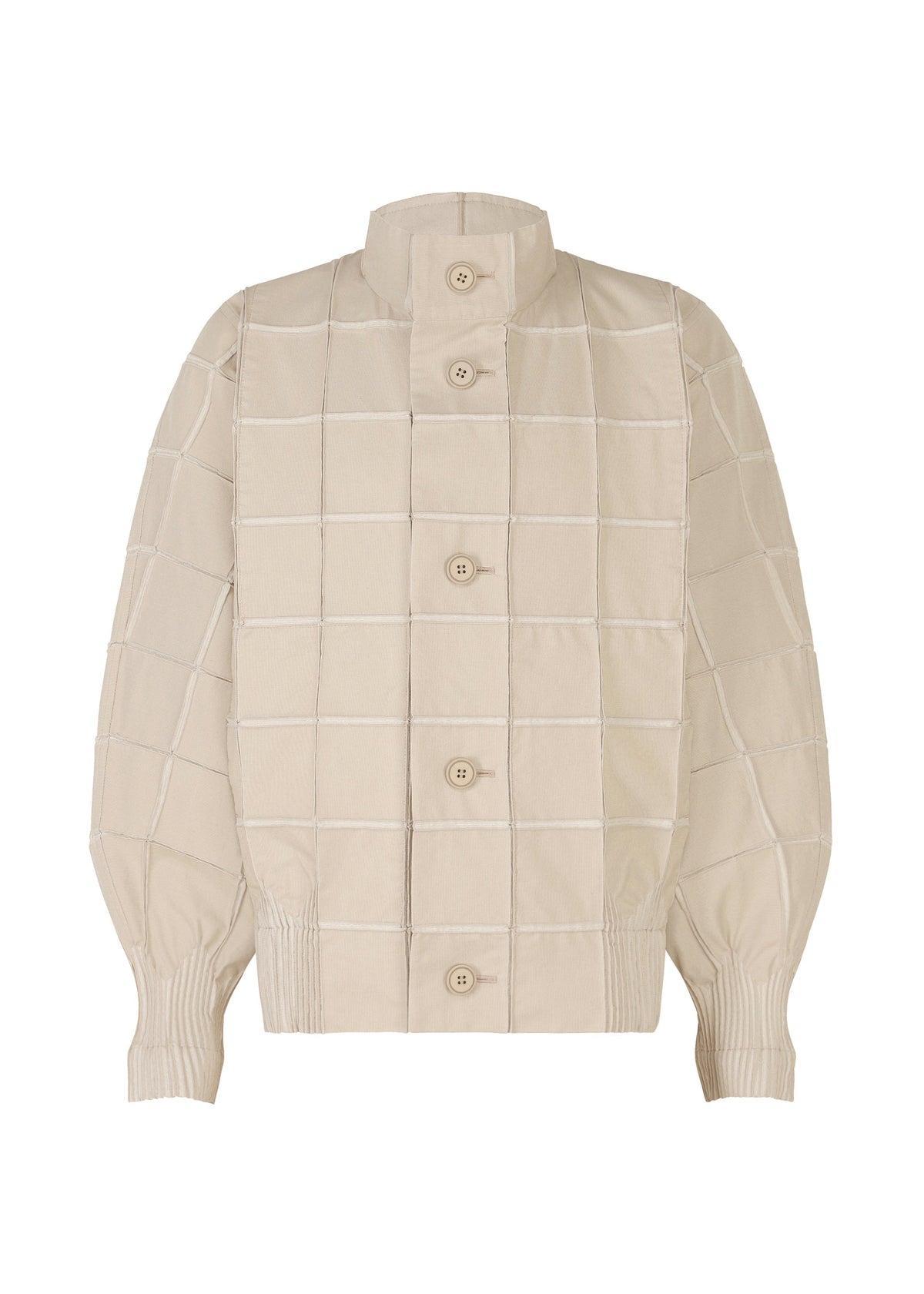The TYPE-O 002 by A-POC ABLE ISSEY MIYAKE is a beige quilted jacket featuring a grid pattern, high collar, large front buttons, ribbed cuffs and hem, and made from lightweight stretch material for comfort. view 2 of 9